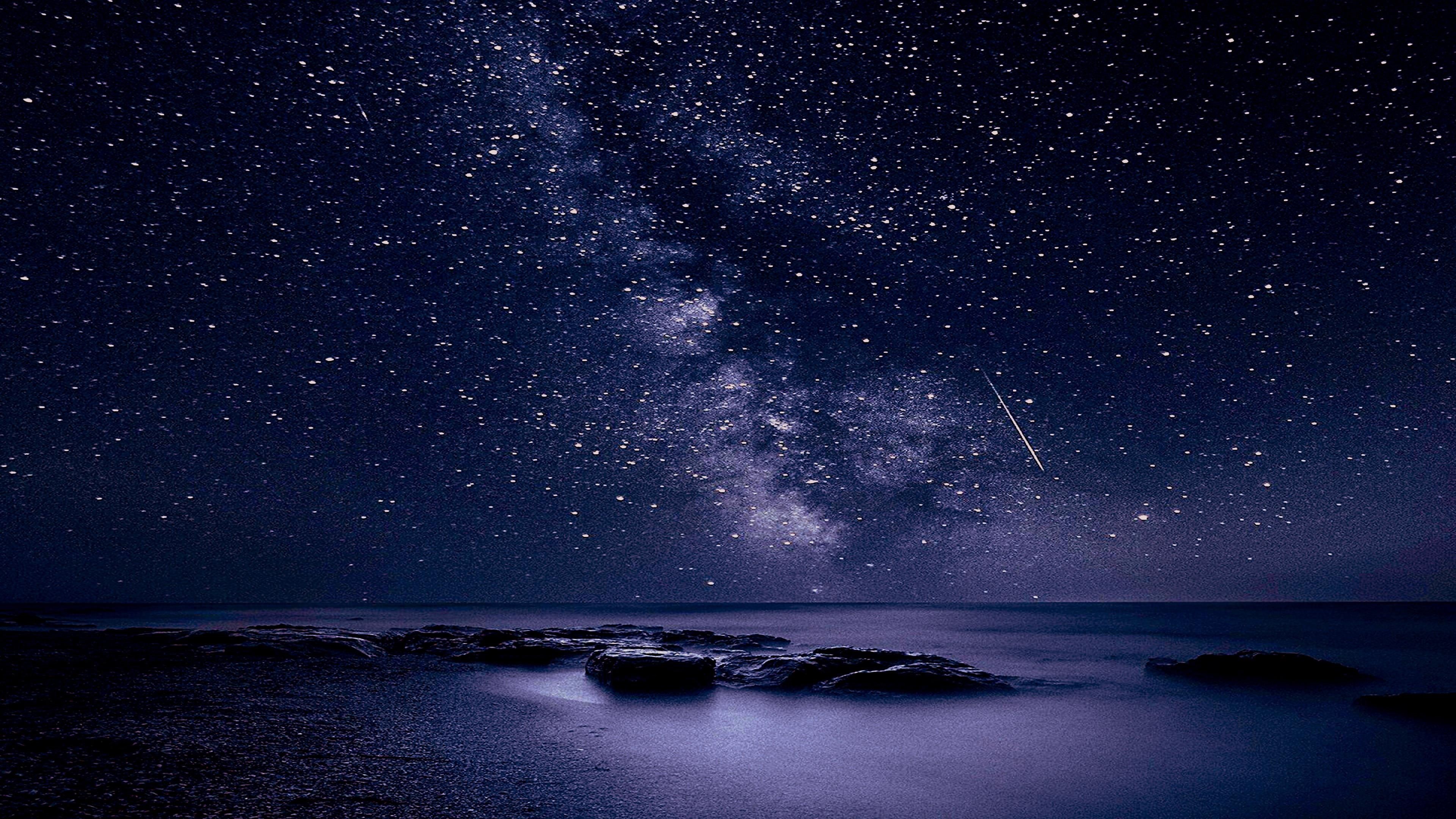  white, starry, galaxy, milky way, 4K, stars, sea, night, digital, purple, HD Wallpaper
