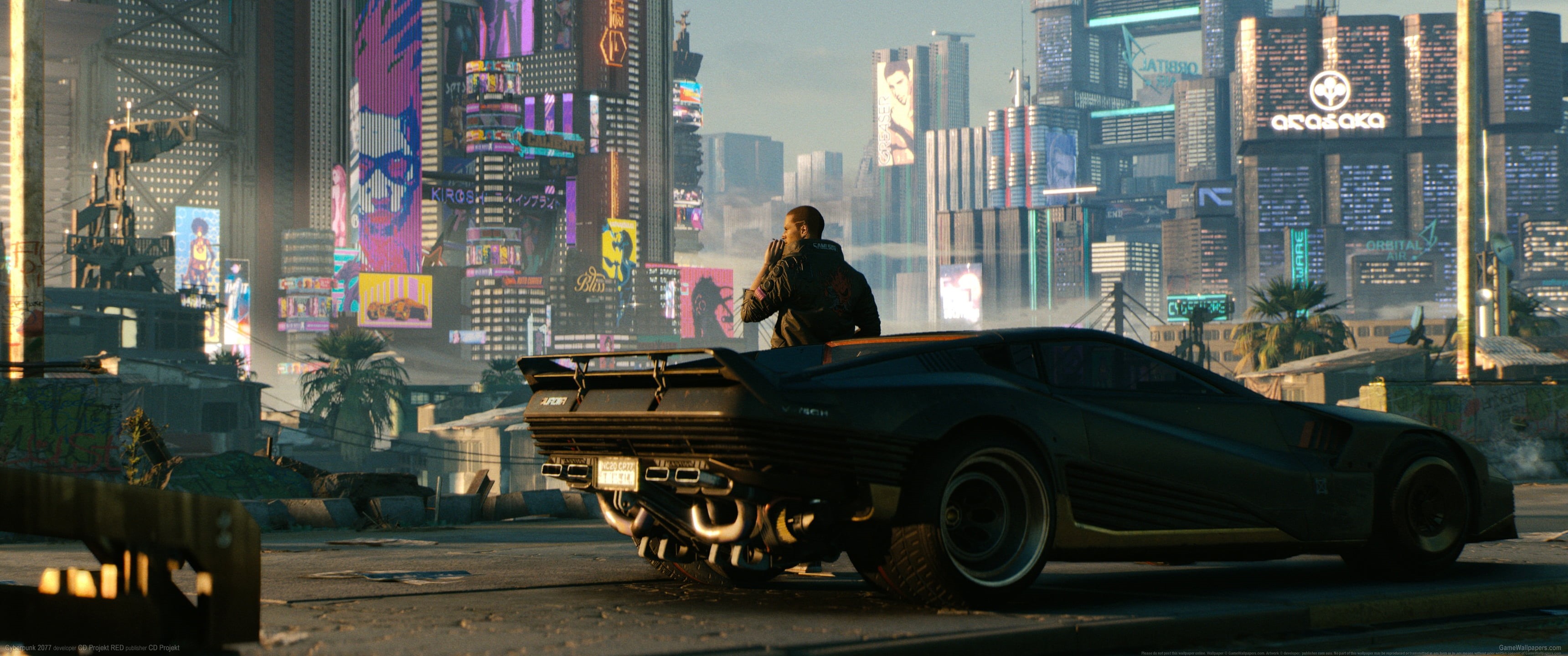building exterior, adult, mode of transportation, one person, hairstyle, Cyberpunk 2077, ultrawide, office building exterior, women, long hair, car, video games, HD Wallpaper
