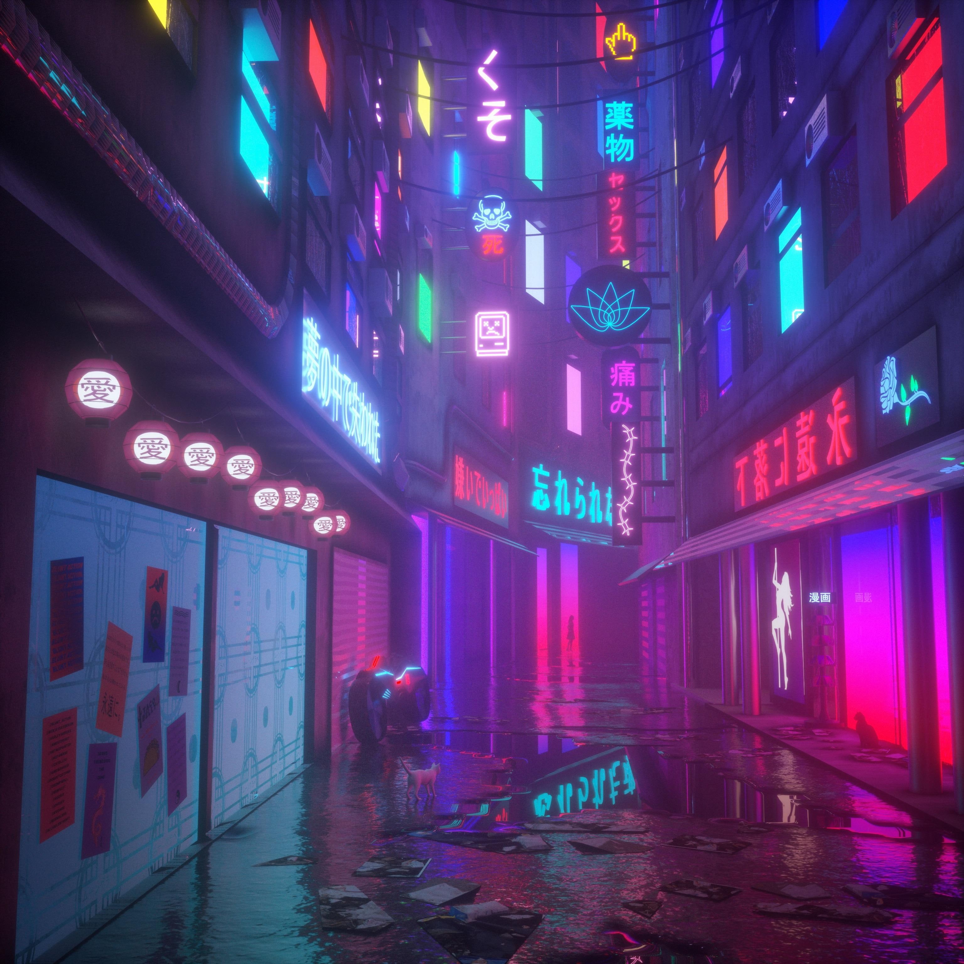 neon, cyberpunk, cat, vaporwave, reflection, 2K, Phone HD Wallpaper