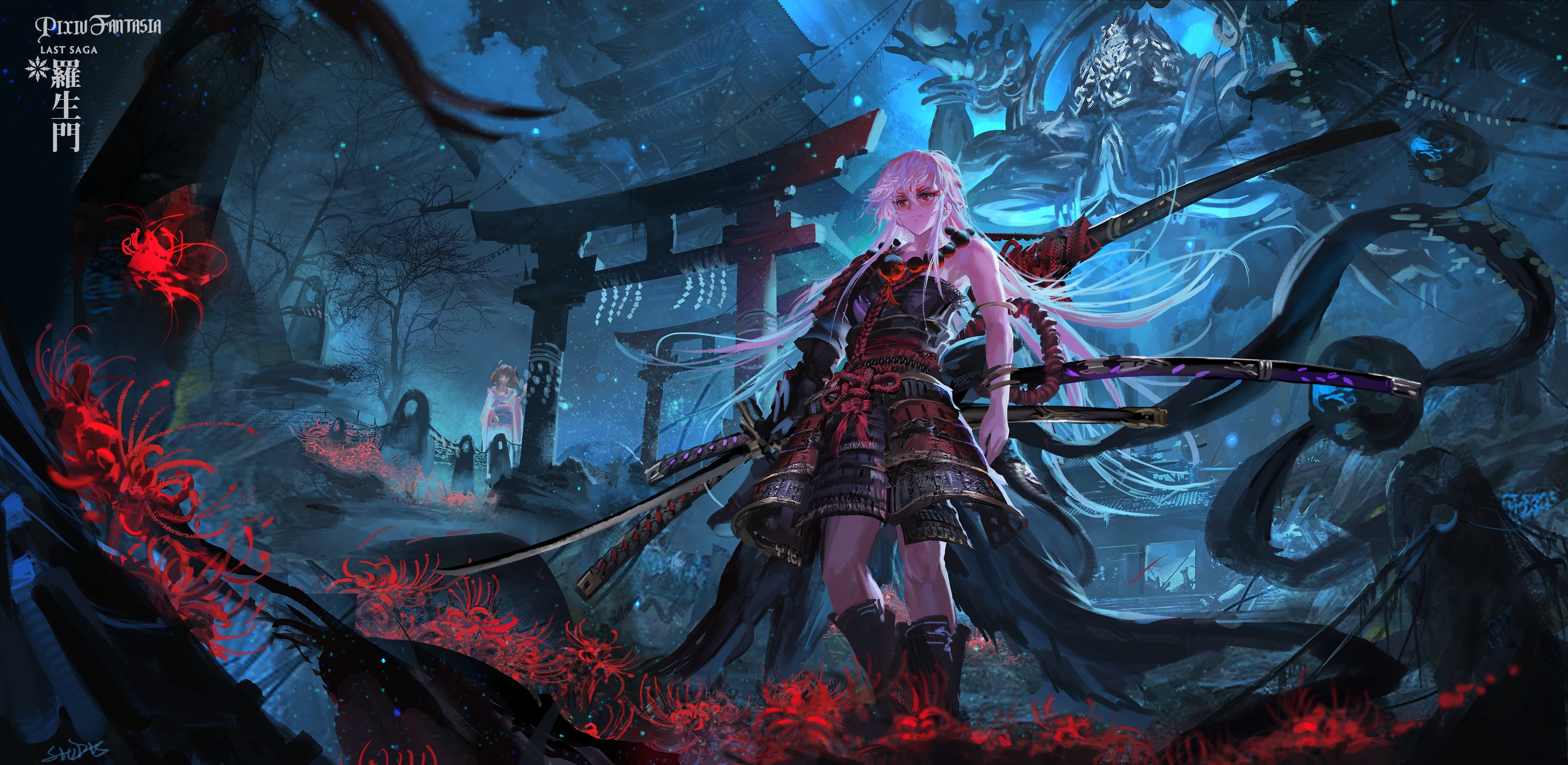 environment, red eyes, fan art, artwork, long hair, anime girls, illustration, fantasy girl, white hair, architecture, looking into the distance, digital painting, HD Wallpaper
