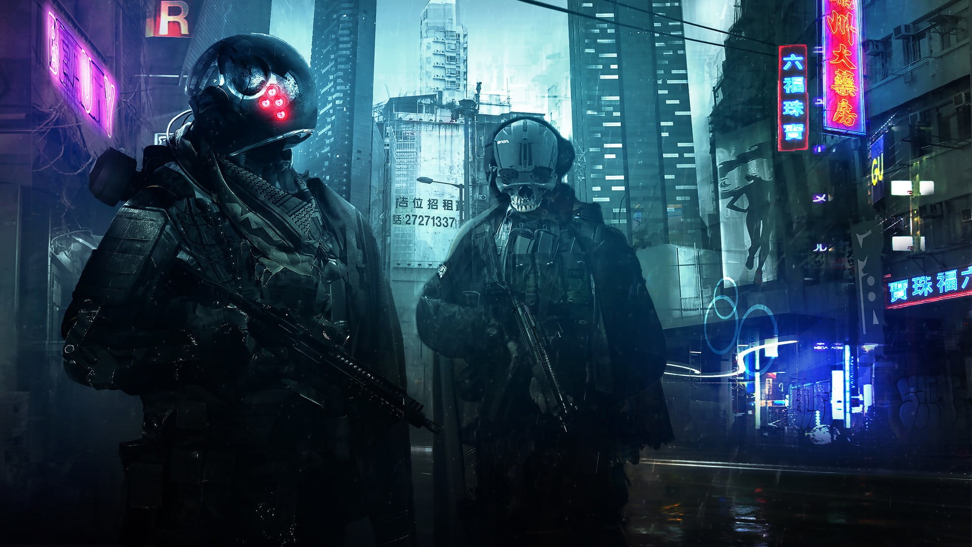 cyberpunk, fantasy art, city, security, mid adult men, 1080P, illustration, architecture, science fiction, communication, people, men, adult, swat, waist up, HD Wallpaper