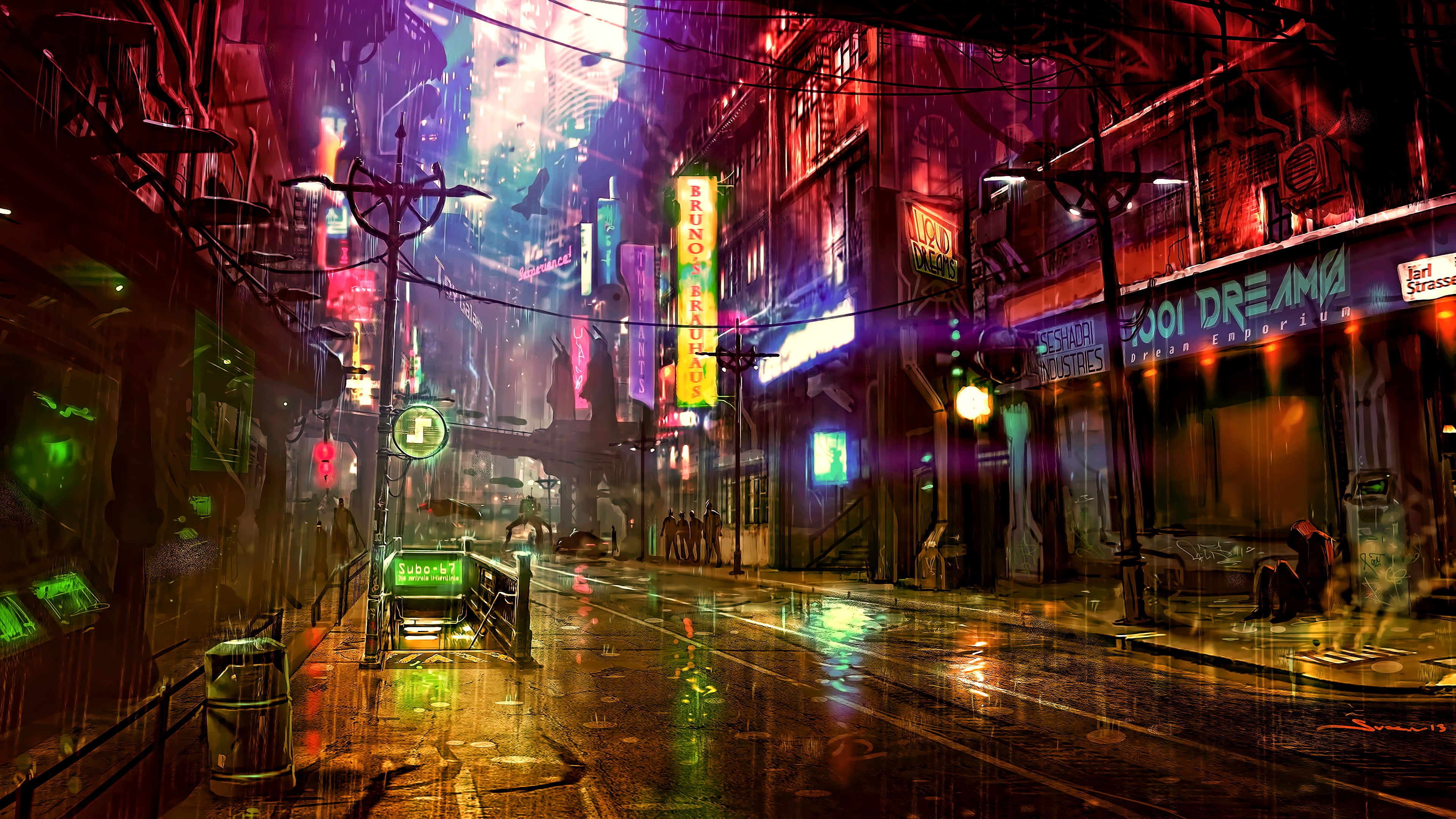 rain, Dreamfall Chapters, cityscape, cyber, night, street, ship, science fiction, artwork, futuristic city, digital art, 4K, cyberpunk, neon, concept art, HD Wallpaper