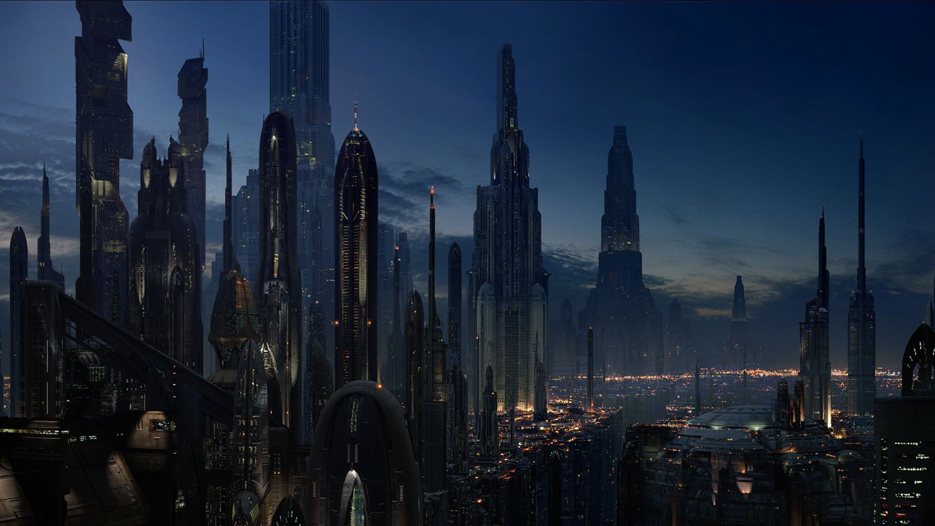 tall - high, skyscraper, illuminated, office building exterior, futuristic, tower, buildings, architecture, Star Wars, 1080P, modern, financial district, HD Wallpaper