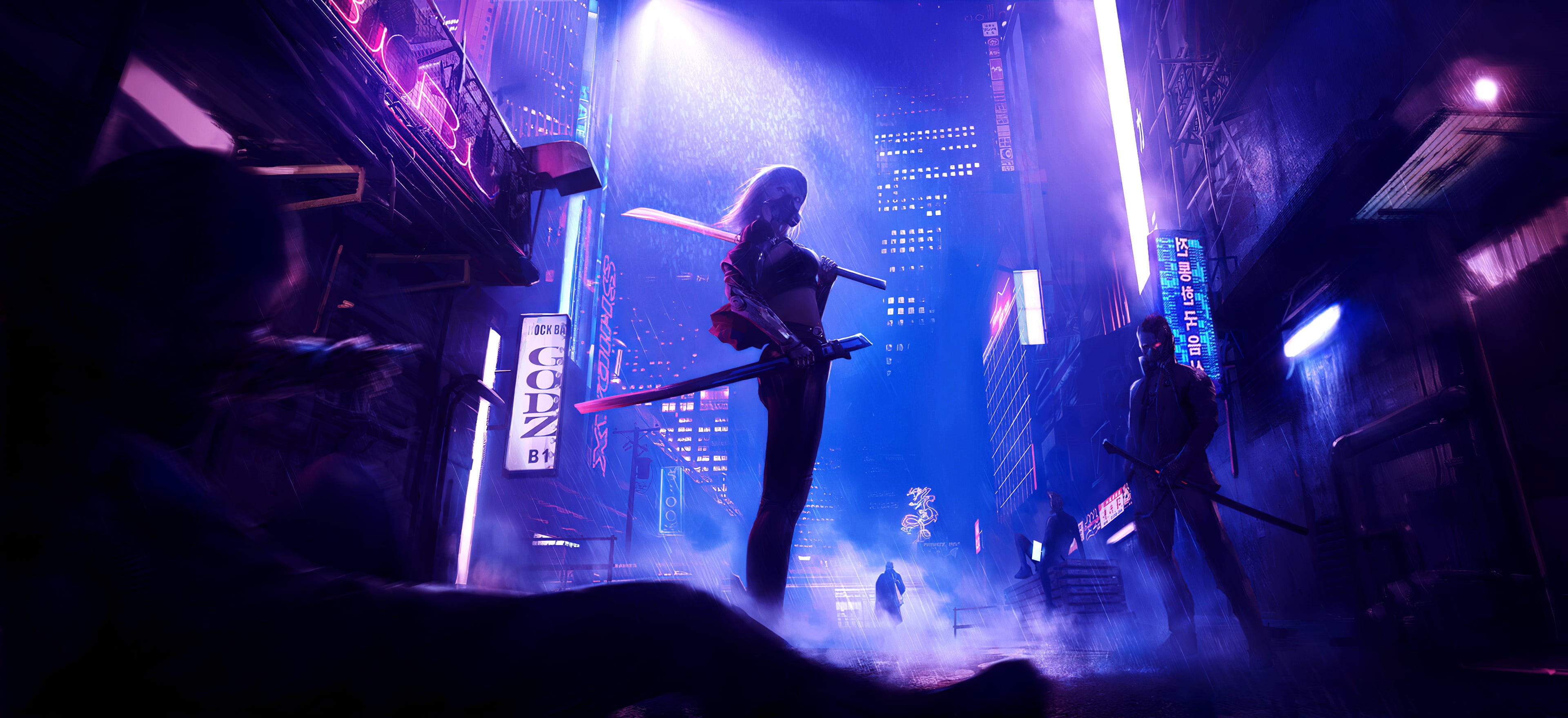digital art, lights, artwork, 4K, night, rain, science fiction, Retrowave, women, futuristic, synthwave, HD Wallpaper