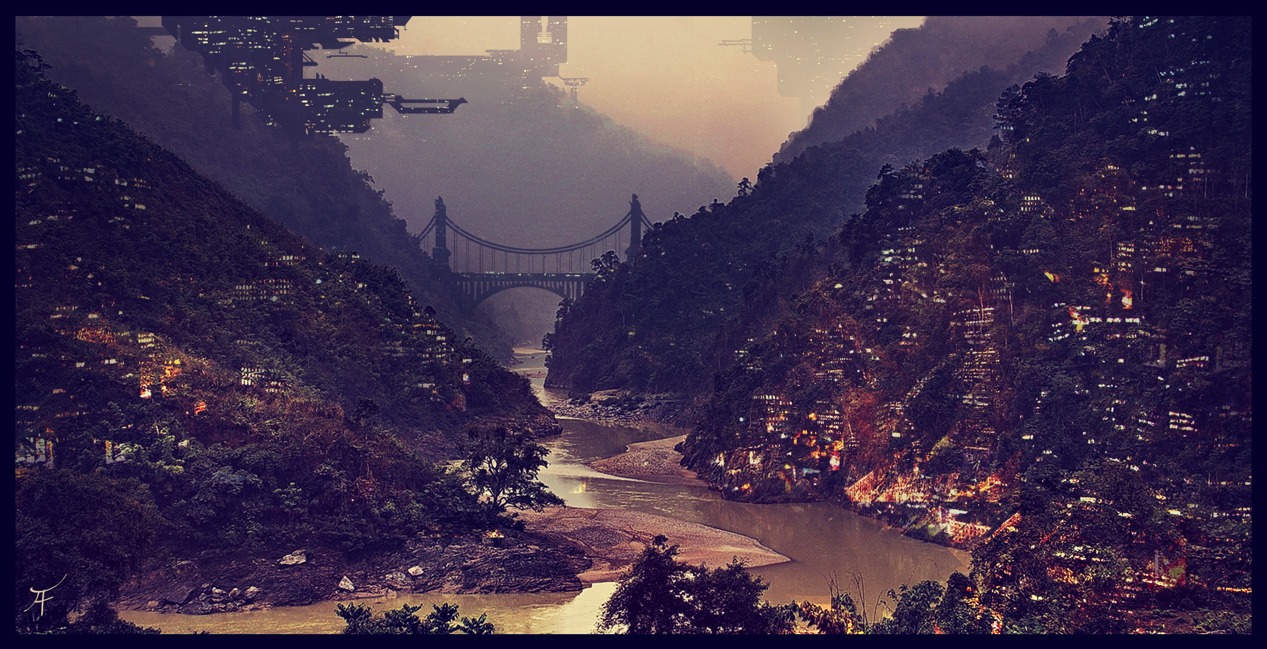 architecture, village, transportation, artwork, bridge - man made structure, no people, tree, 4K, city, bridge, concept art, futuristic city, transfer print, HD Wallpaper