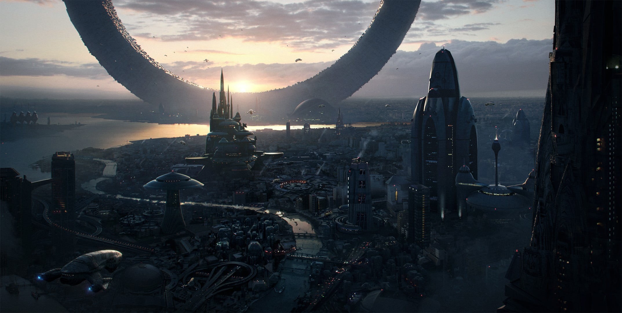 sea, screenshot, cloud - sky, artwork, sky, sailboat, water, futuristic city, no people, sunset, transportation, beauty in nature, sun, still, movie, science fiction, HD Wallpaper
