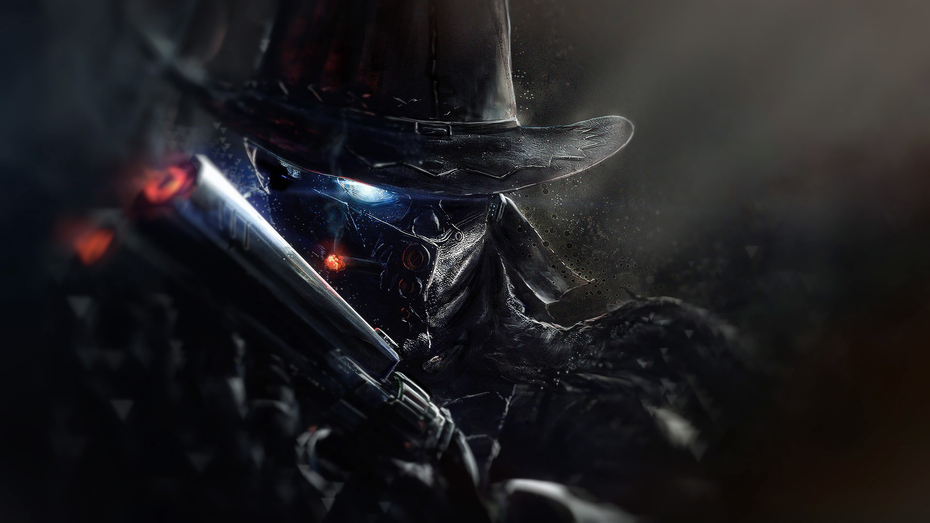 science fiction, hat, futuristic, pistol, artwork, digital, atmosphere, fantasy art, lights, digital art, cyborg, futuristic armor, environment, robot, HD Wallpaper