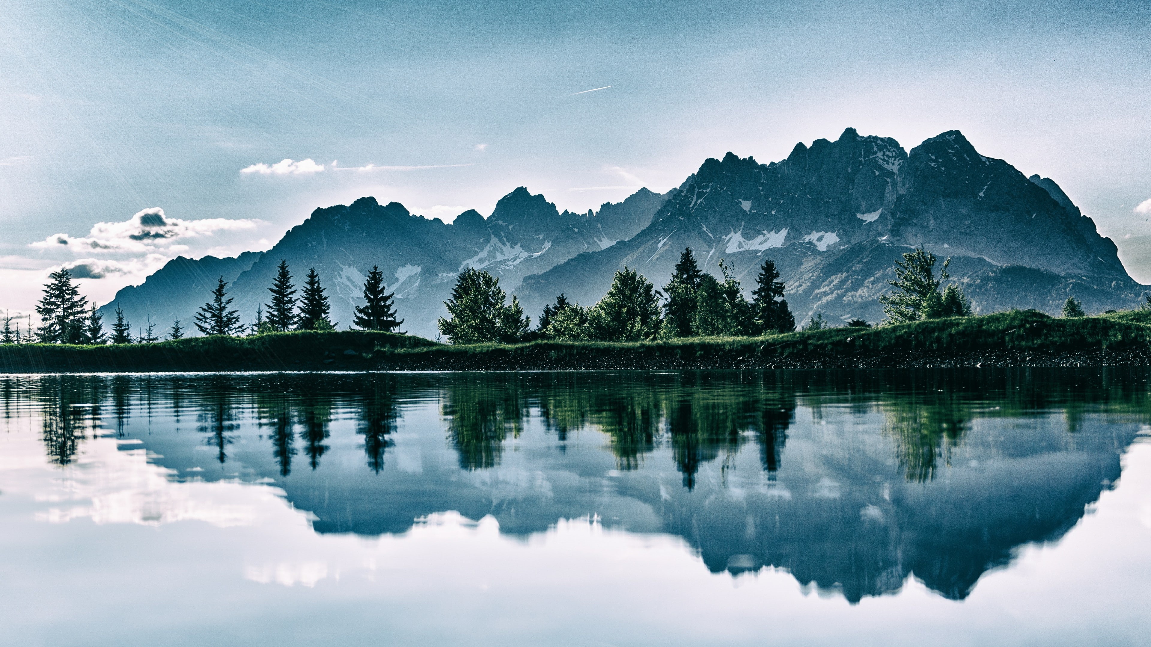 4K, wilderness, daytime, cloud, nature, sky, tree, mountain, reflection, lake, water, calm, mountain range, HD Wallpaper