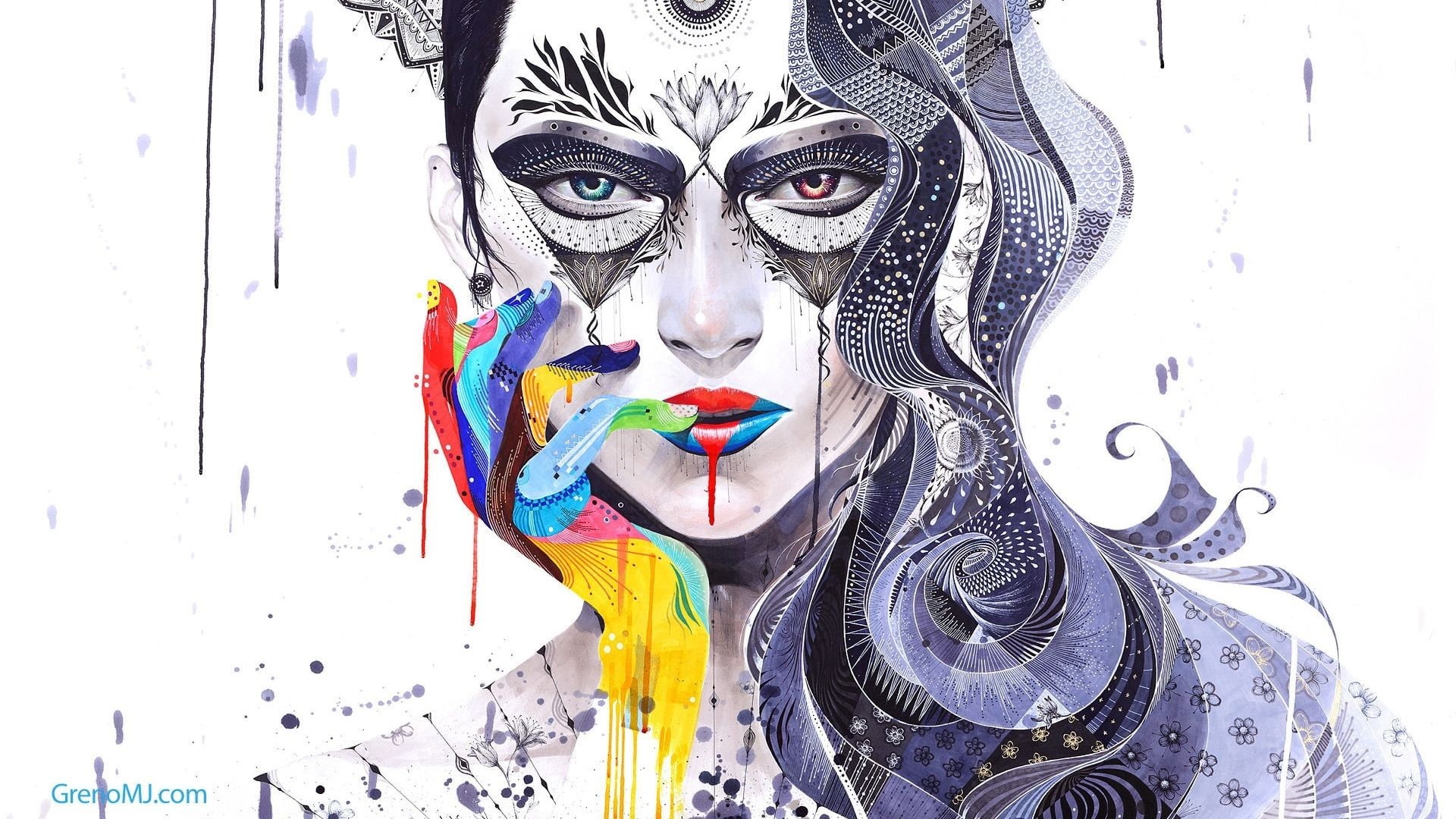 one person, digital art, yellow, mosaic, painting, black, paint, multi colored, 1080P, mask, creativity, body paint, wall - building feature, looking at camera, HD Wallpaper