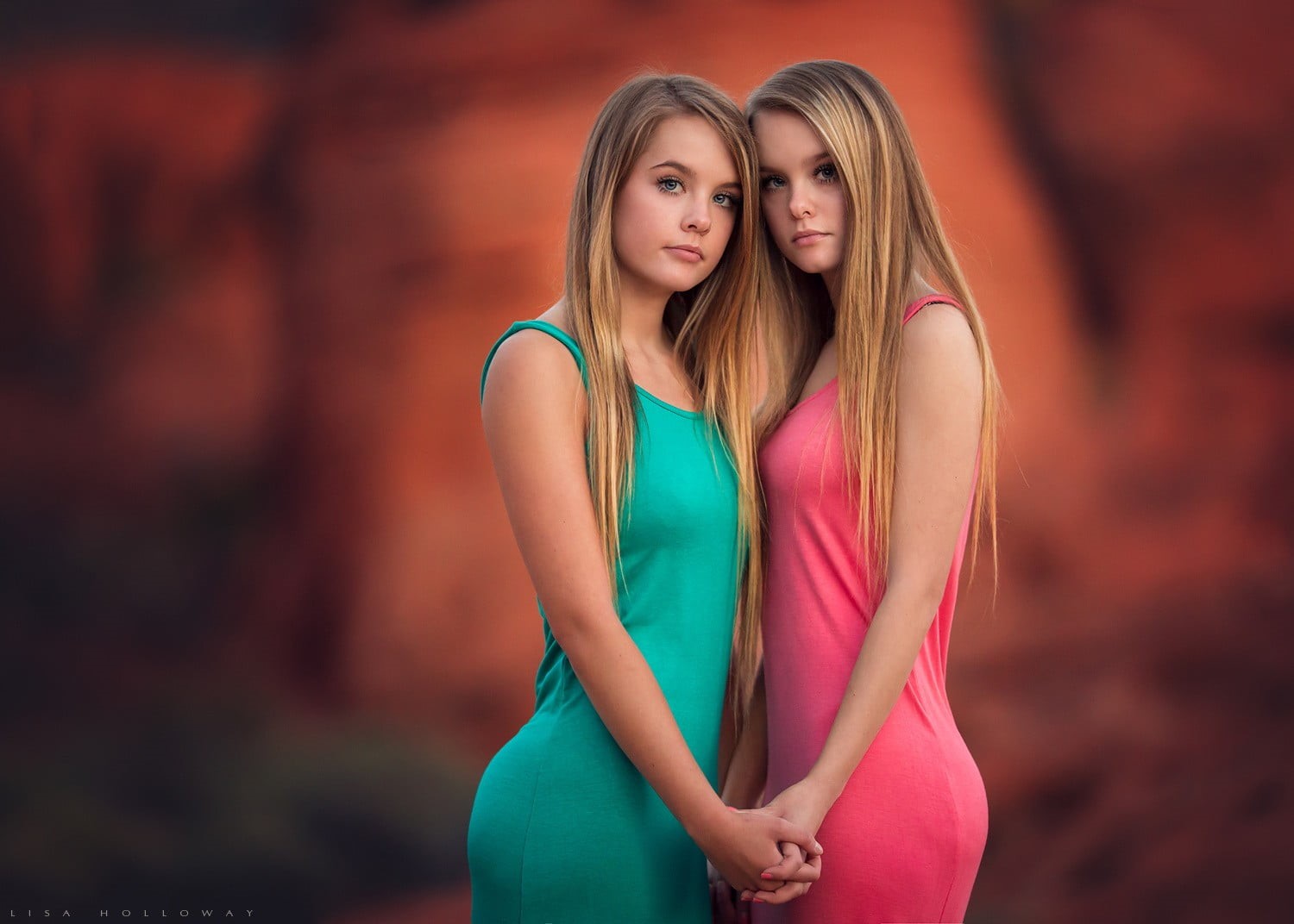 portrait, emotion, teenager, beautiful woman, blond hair, sleeveless, long hair, fashion, 720P, young women, beauty, looking at camera, pink, holding hands, HD Wallpaper