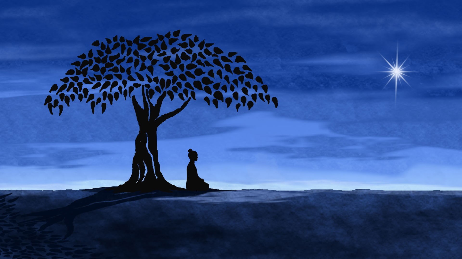 stars, trees, scenics - nature, painting, vector, blue, men, nature, digital composite, outdoors, cloud - Sky, Buddha, sea, land, environment, sunset, artwork, HD Wallpaper