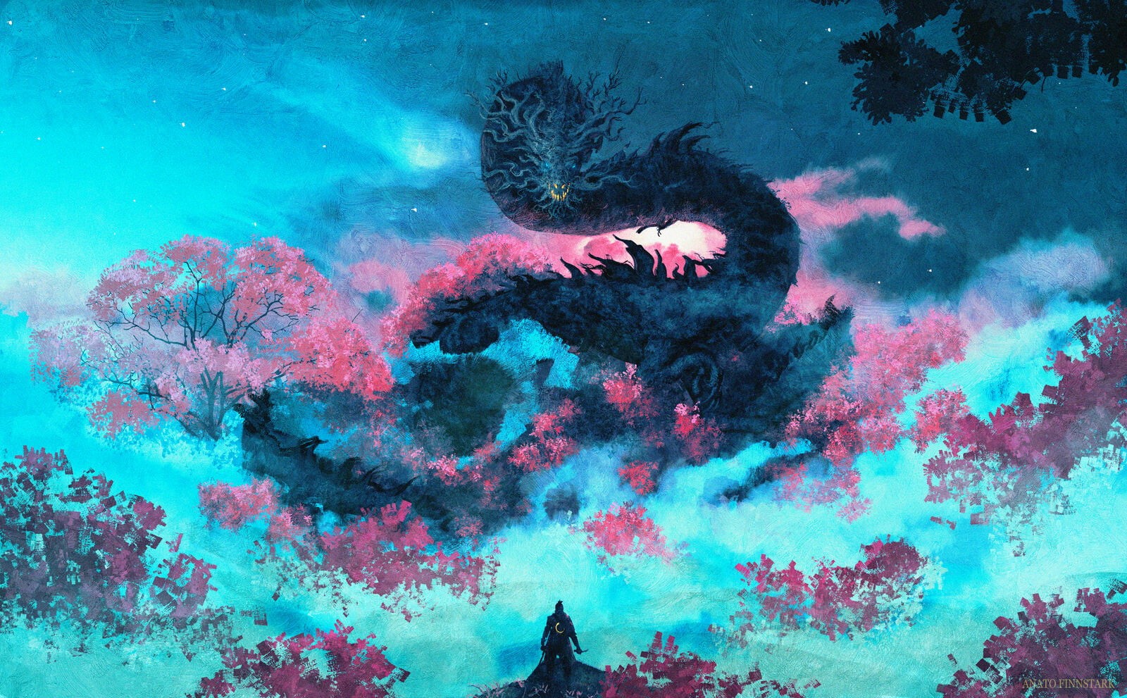 Sakura blossom, digital art, Video Game Art, creature, Sekiro: Shadows Die Twice, video games, environment, dragon, mist, 720P, HD Wallpaper