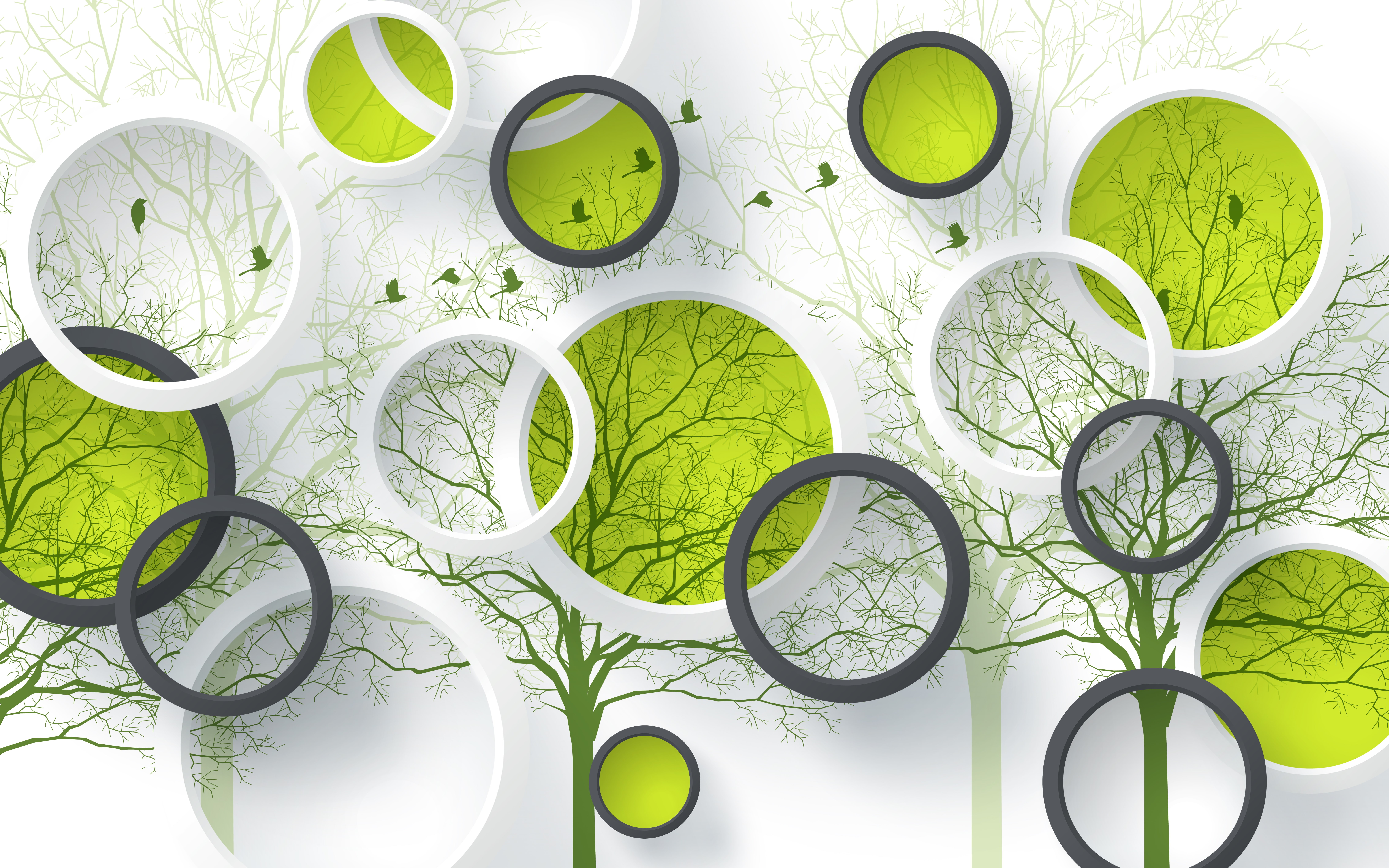 8K, painting, wall, 4K, Design, Birds, tree, 8K, Circles, Green, white, HD Wallpaper