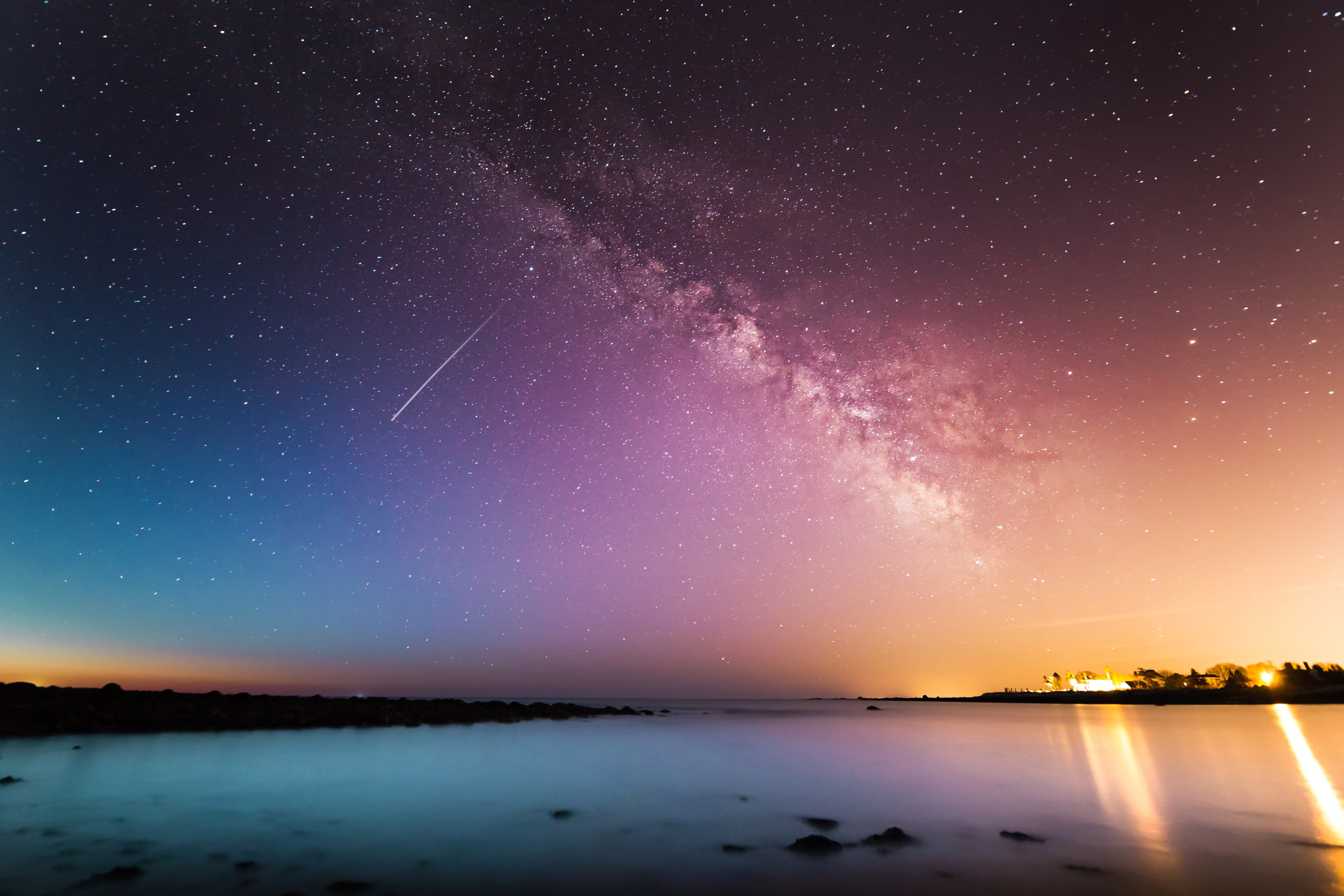 tranquility, illuminated, sky, reflection, space, astronomy, 5k, beauty in nature, tranquil scene, scenics - nature, star - space, night, 4k, purple, milky way, HD Wallpaper
