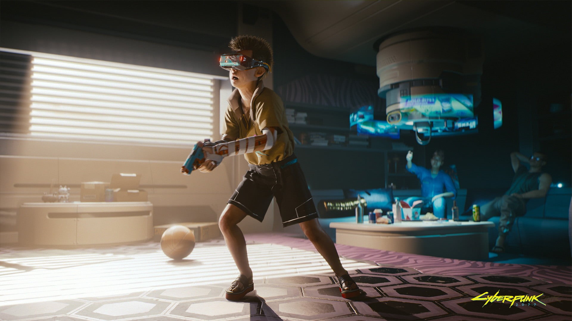 shorts, young adult, casual clothing, hairstyle, exercising, illuminated, Virtual Reality Headset, Cyberpunk 2077, real people, young women, front view, HD Wallpaper