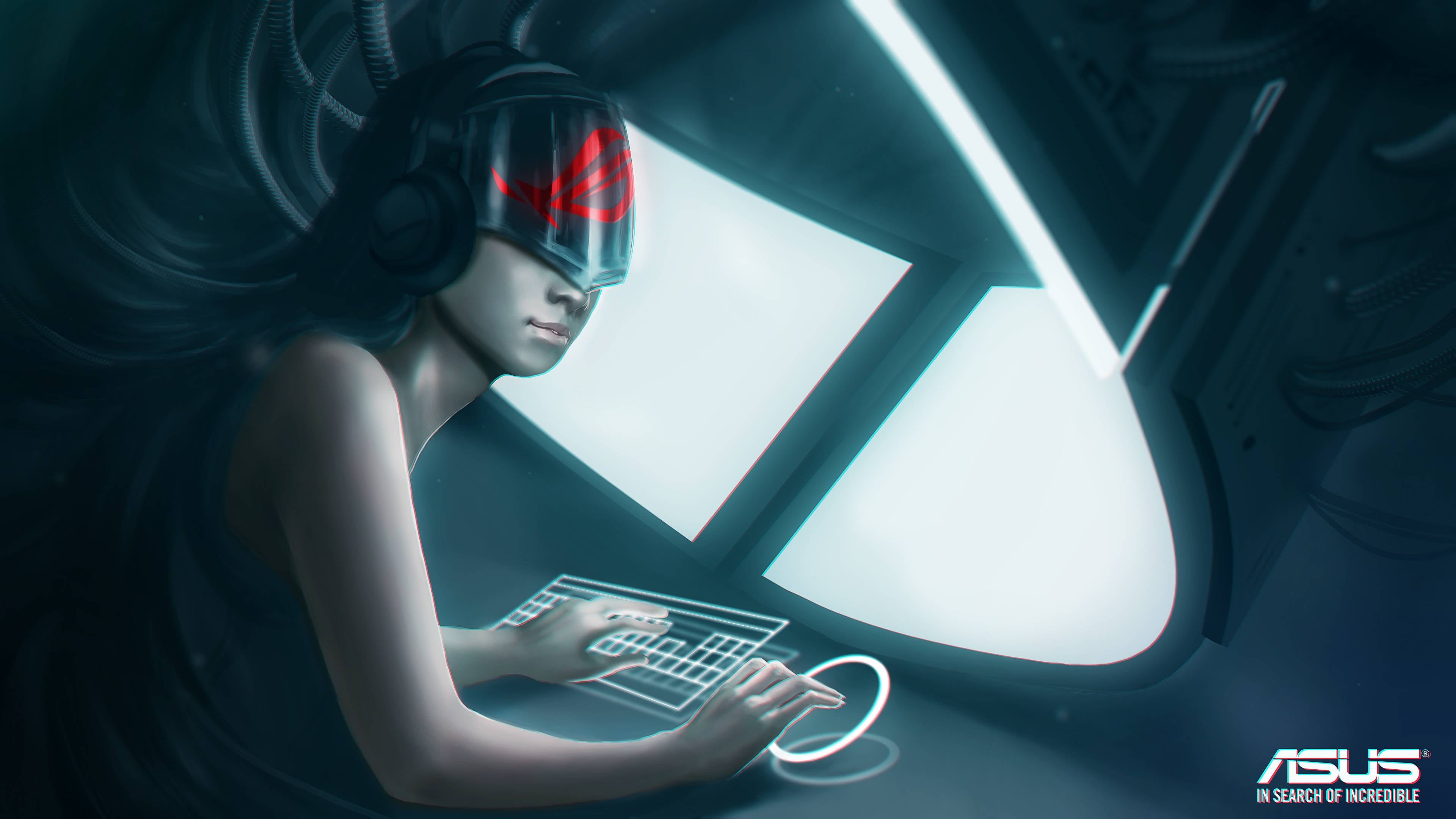  artwork, using computer, young women, hairstyle, sitting, side view, adult, fashion, connection, 4K, indoors, computer monitor, futuristic, HD Wallpaper