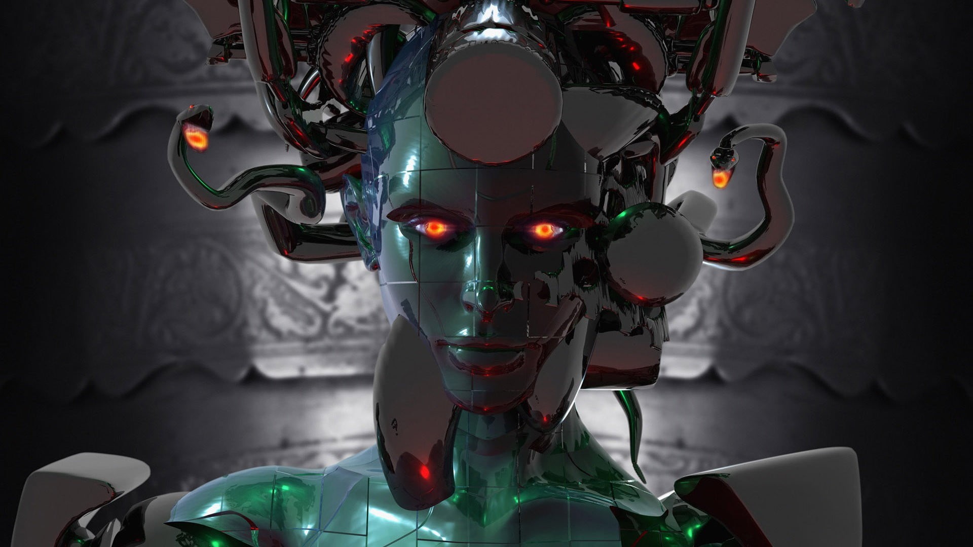indoors, no people, cyborg, lighting equipment, science, black, technology, creativity, healthcare and medicine, 1080P, representation, Medusa, illustration, HD Wallpaper