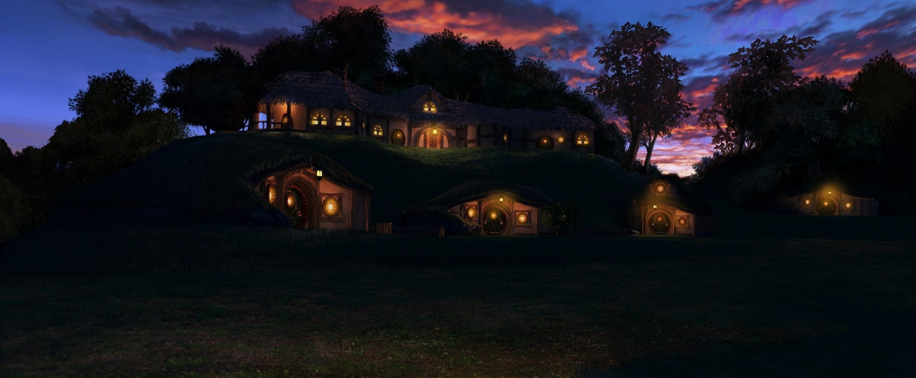 sunset, lights, holes, trees, clouds, 2K, shire, hills, lotr, rings, lord, hobbit, HD Wallpaper