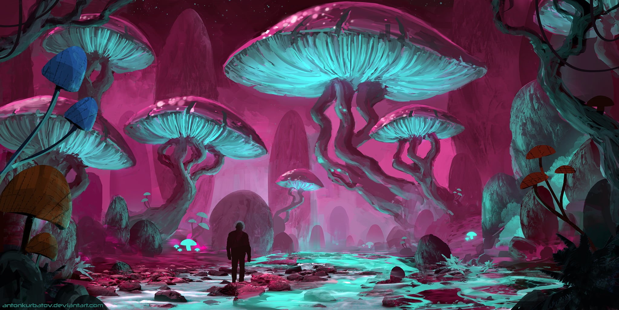 silhouette, dark, cyan, giant, men, landscape, aliens, outdoors, trees, space, planet, environment, illustration, atmosphere, digital painting, concept art, HD Wallpaper