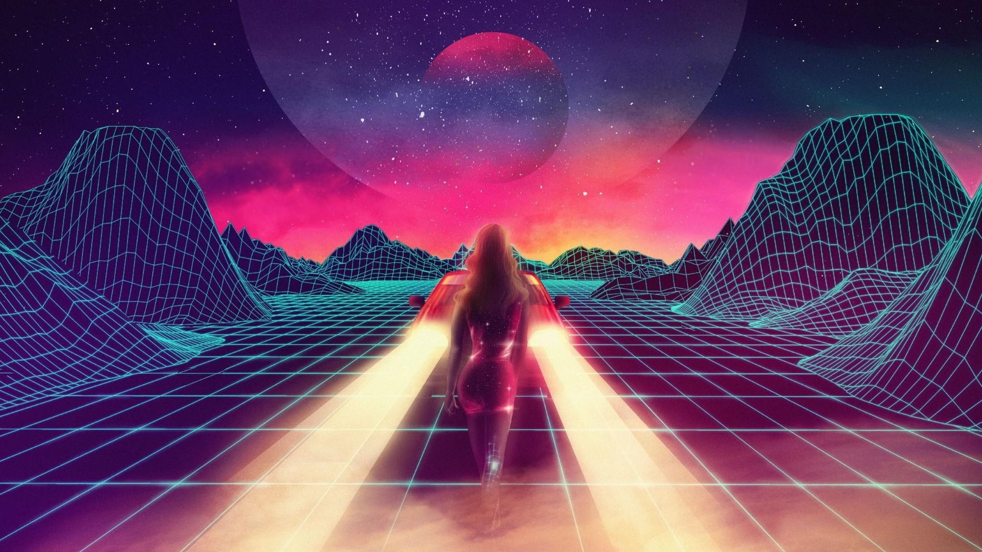 night, long hair, abstract art, grid, vaporwave, neon art, stars, retro style, synthwave, retrowave, sky, space, planet, retrofuturism, artwork, 1980s, HD Wallpaper