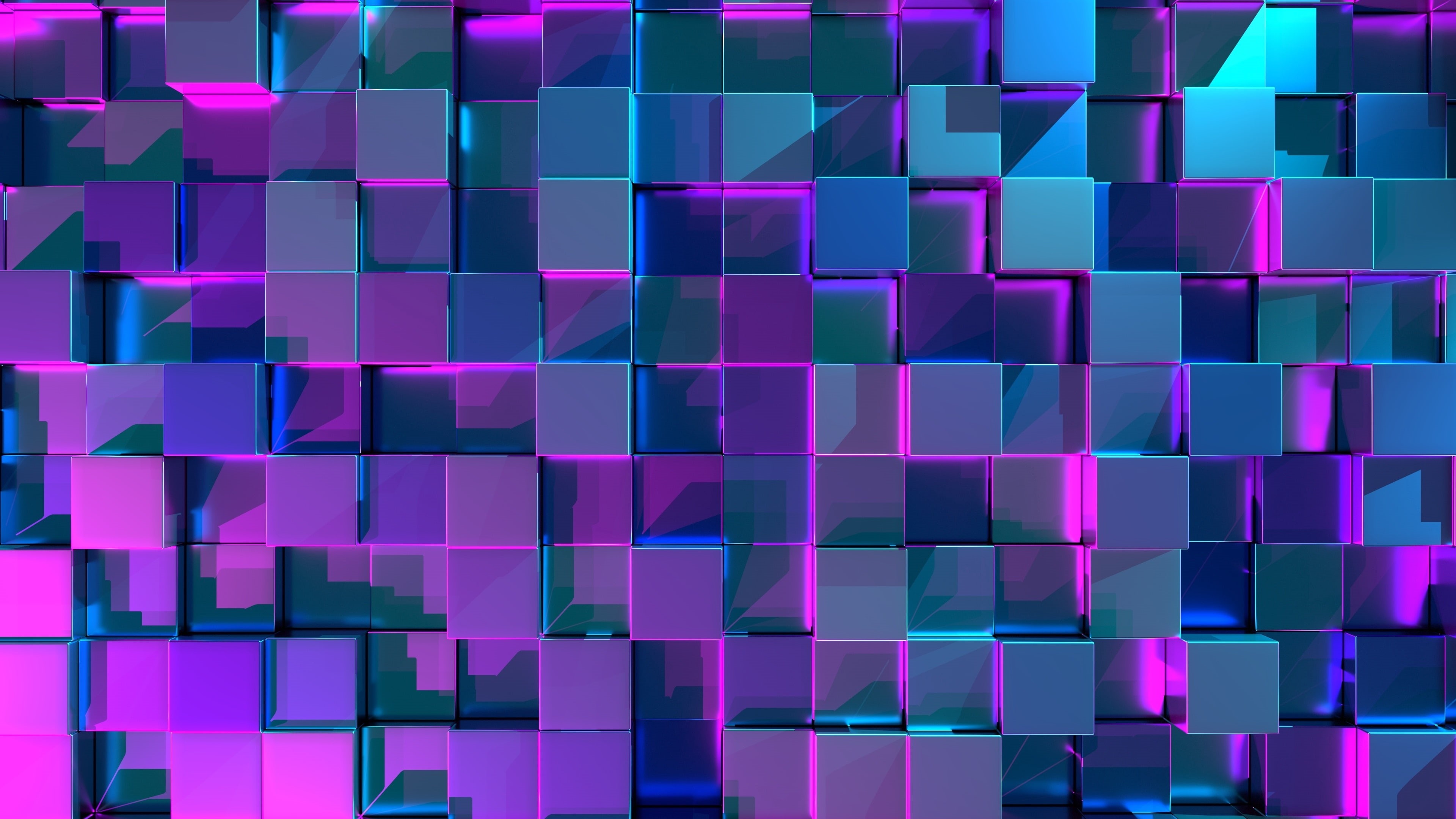 digital art, 3d, shine, cubes, glow, 4K, purple, cube, blue, HD Wallpaper