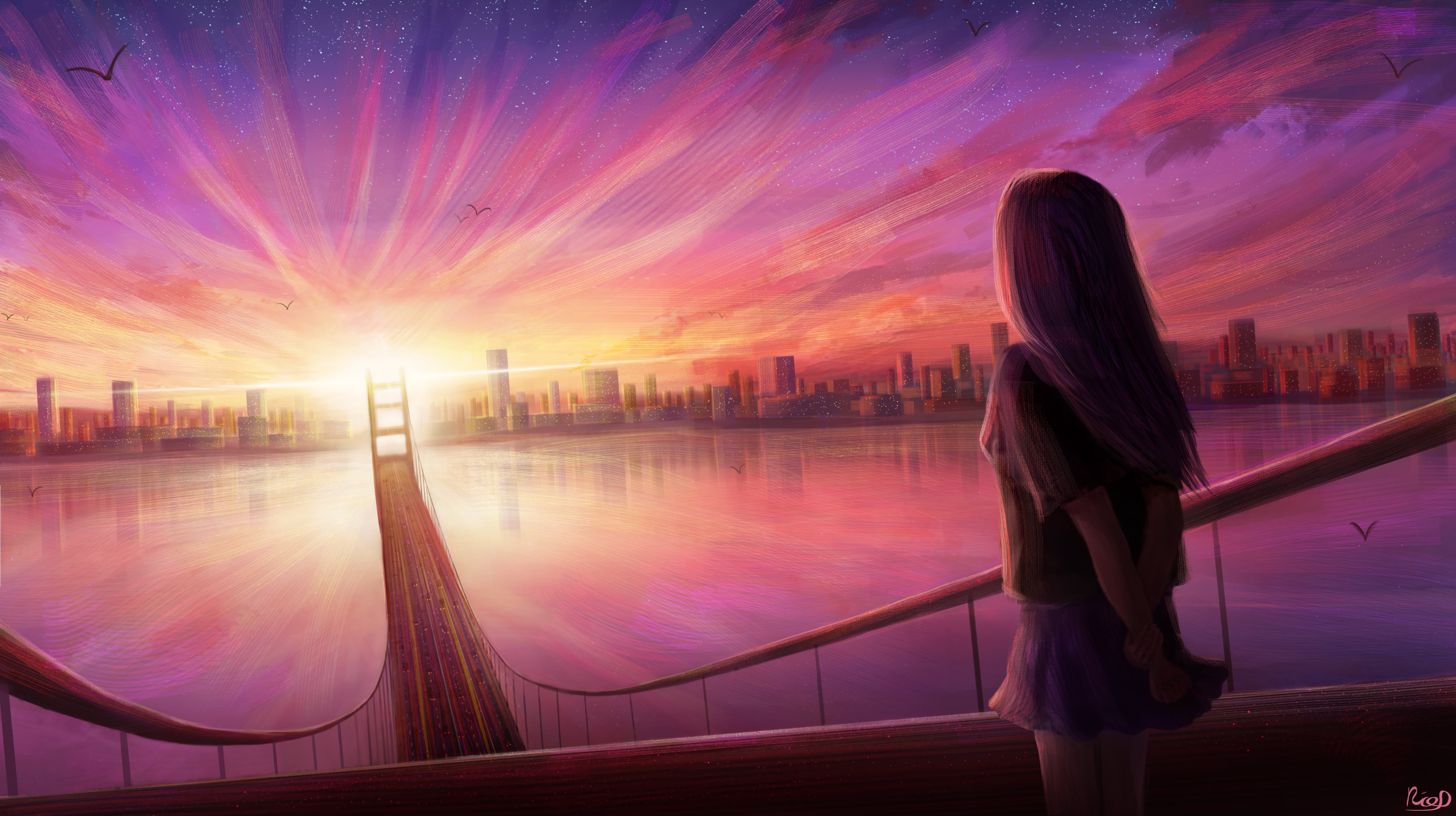 skyscape, landscape, modern, women outdoors, 4K, city, cityscape, sky, drawing, sun rays, outdoors, sunrise, water, bridge, digital painting, digital, HD Wallpaper