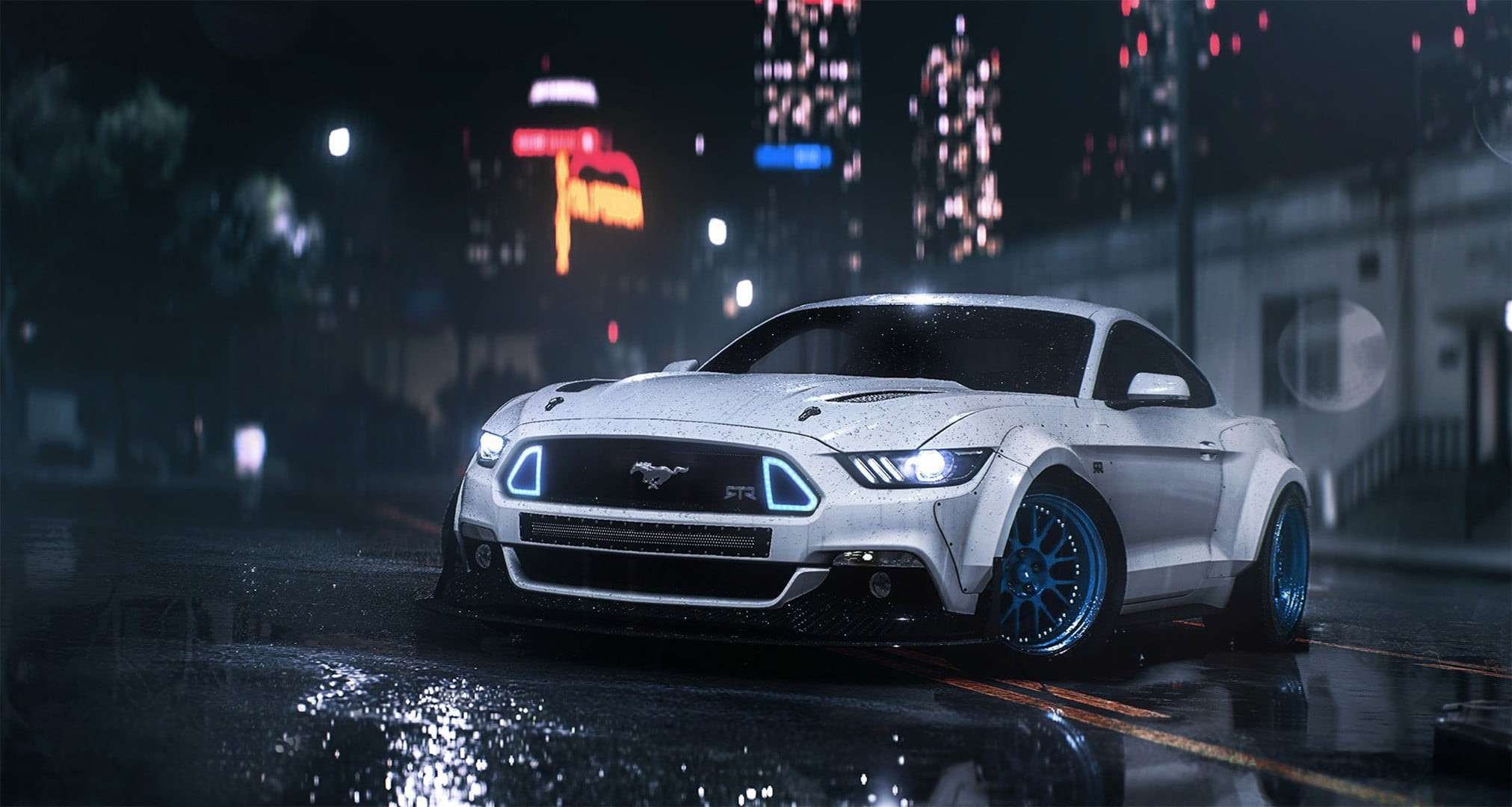 road, vehicle, illuminated, mustang, rain, 1080P, land vehicle, car, white, night, water, mode of transportation, wet, ford, no people, motion, transportation, HD Wallpaper