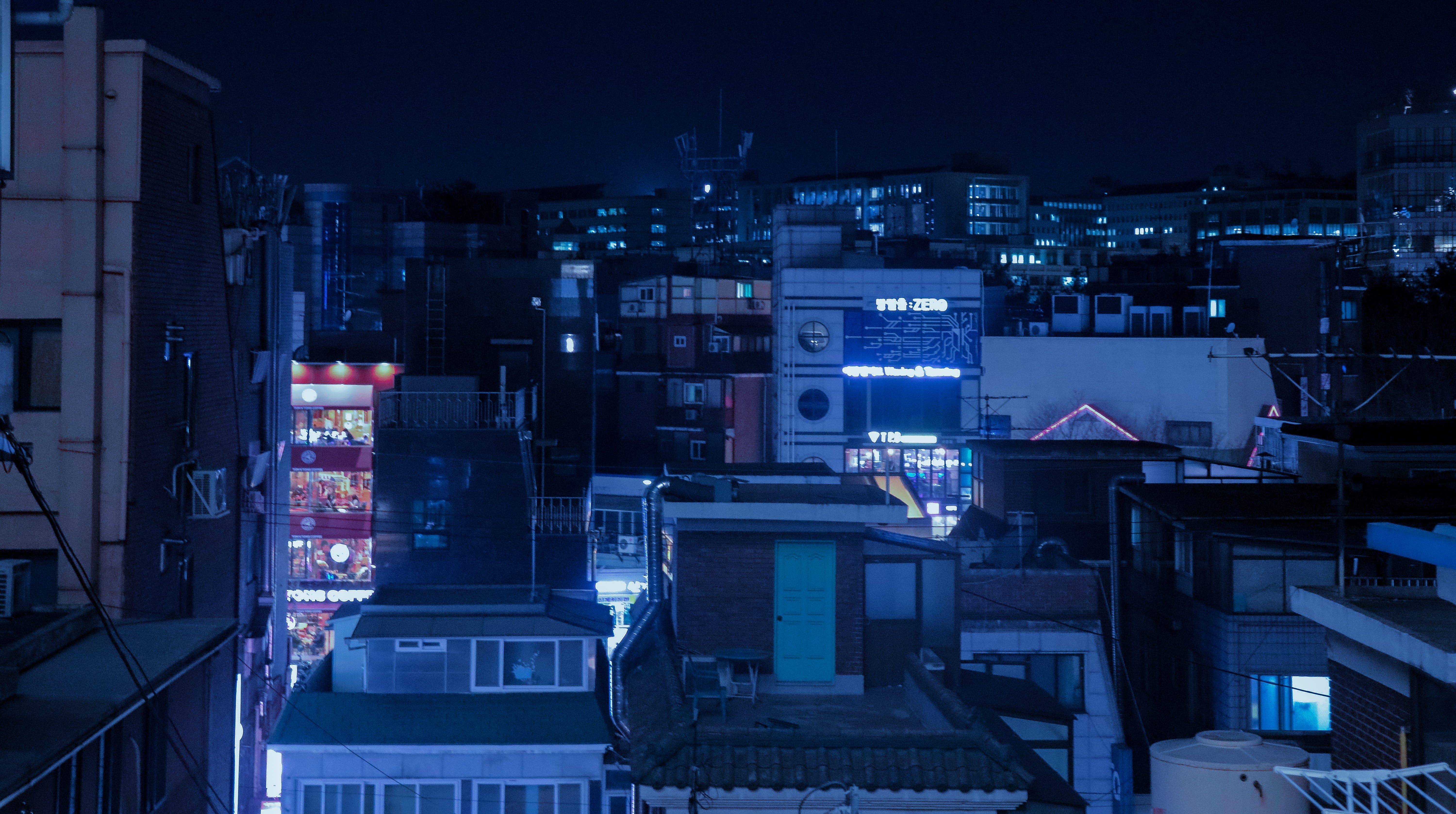 scenery, cyberpunk, glowing, night, high angle view, 5K, neighborhood, architecture, nightlife, building exterior, high rise, cityscape, office building exterior, HD Wallpaper