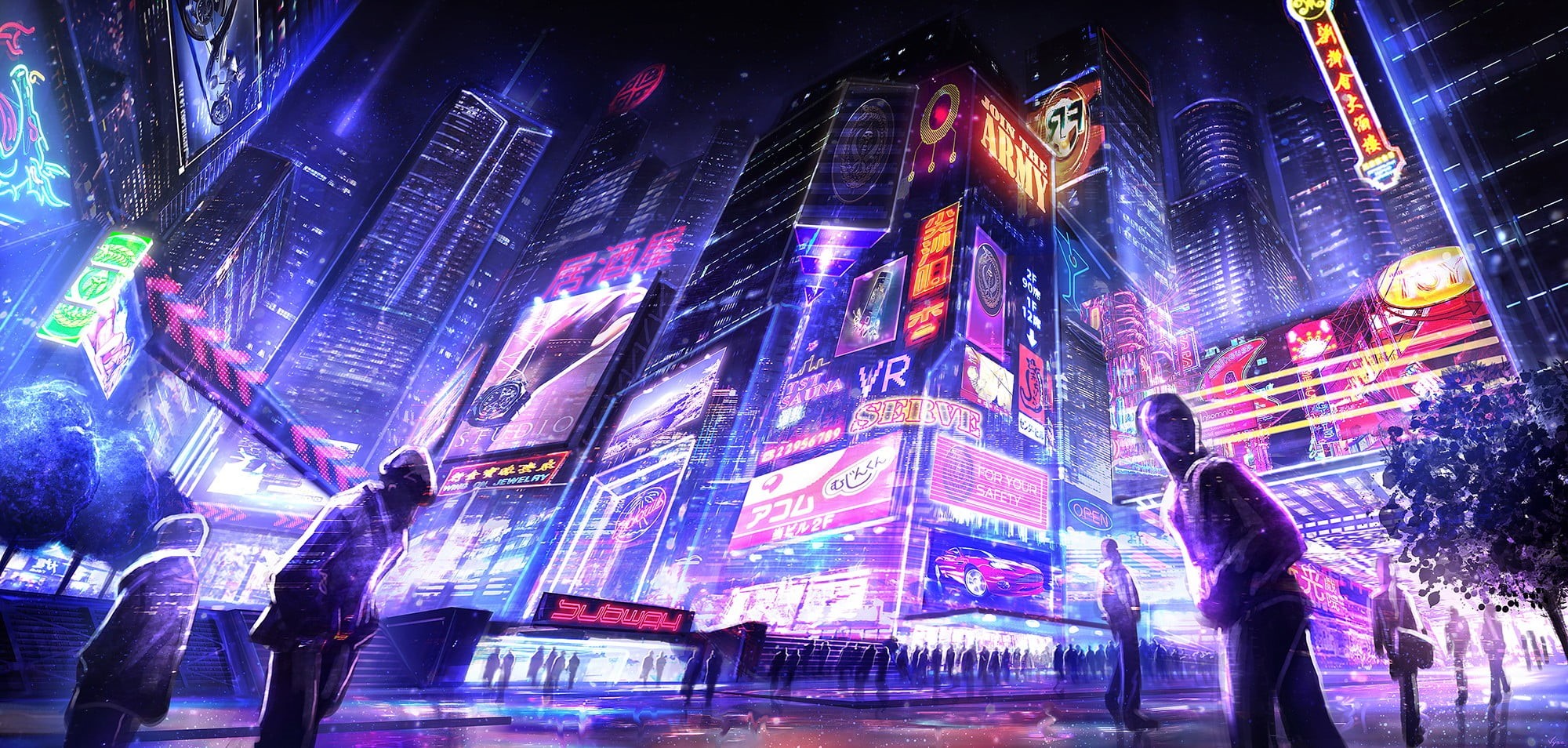 crowd, street Light, office building exterior, light - Natural Phenomenon, rise, dark, blue, business, traffic, new York State, walking, cyberpunk, high, HD Wallpaper