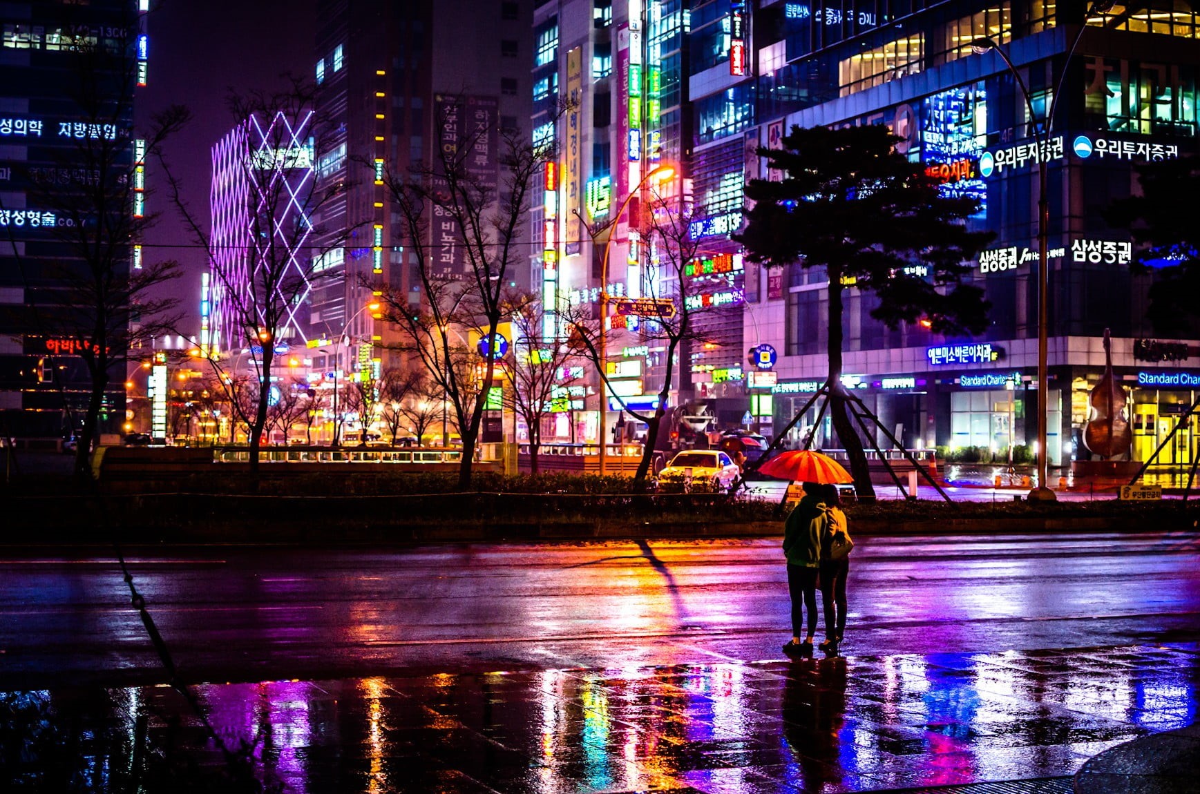 rain, reflection, orange, nightlife, built structure, one person, cityscape, umbrella, wet, outdoors, transportation, Busan, building exterior, city street, HD Wallpaper