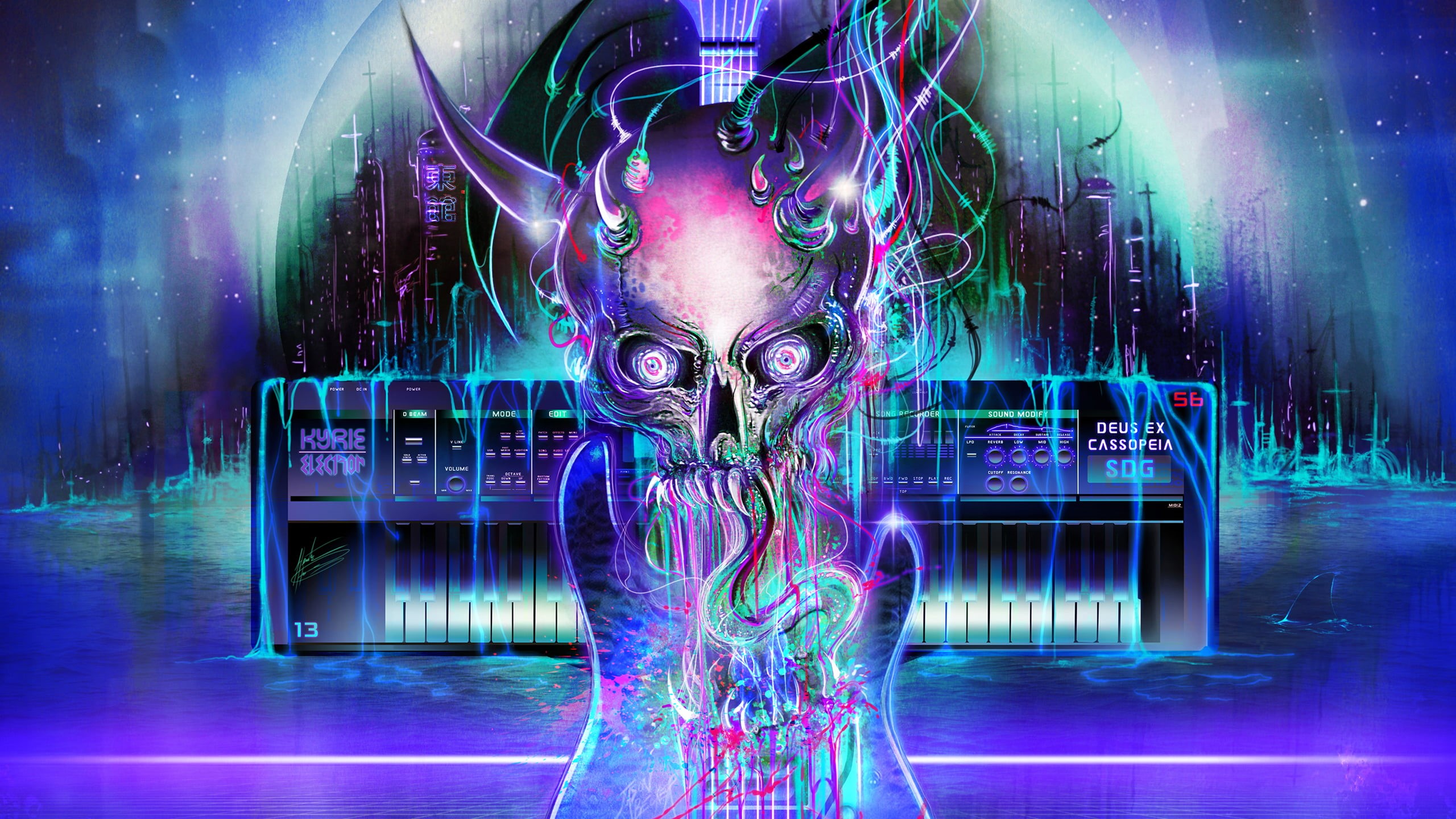 Ultraboss, neon glow, science, technology, front view, futuristic, vaporwave, skull, digital composite, body paint, robot, indoors, neon, keyboards, one person, HD Wallpaper