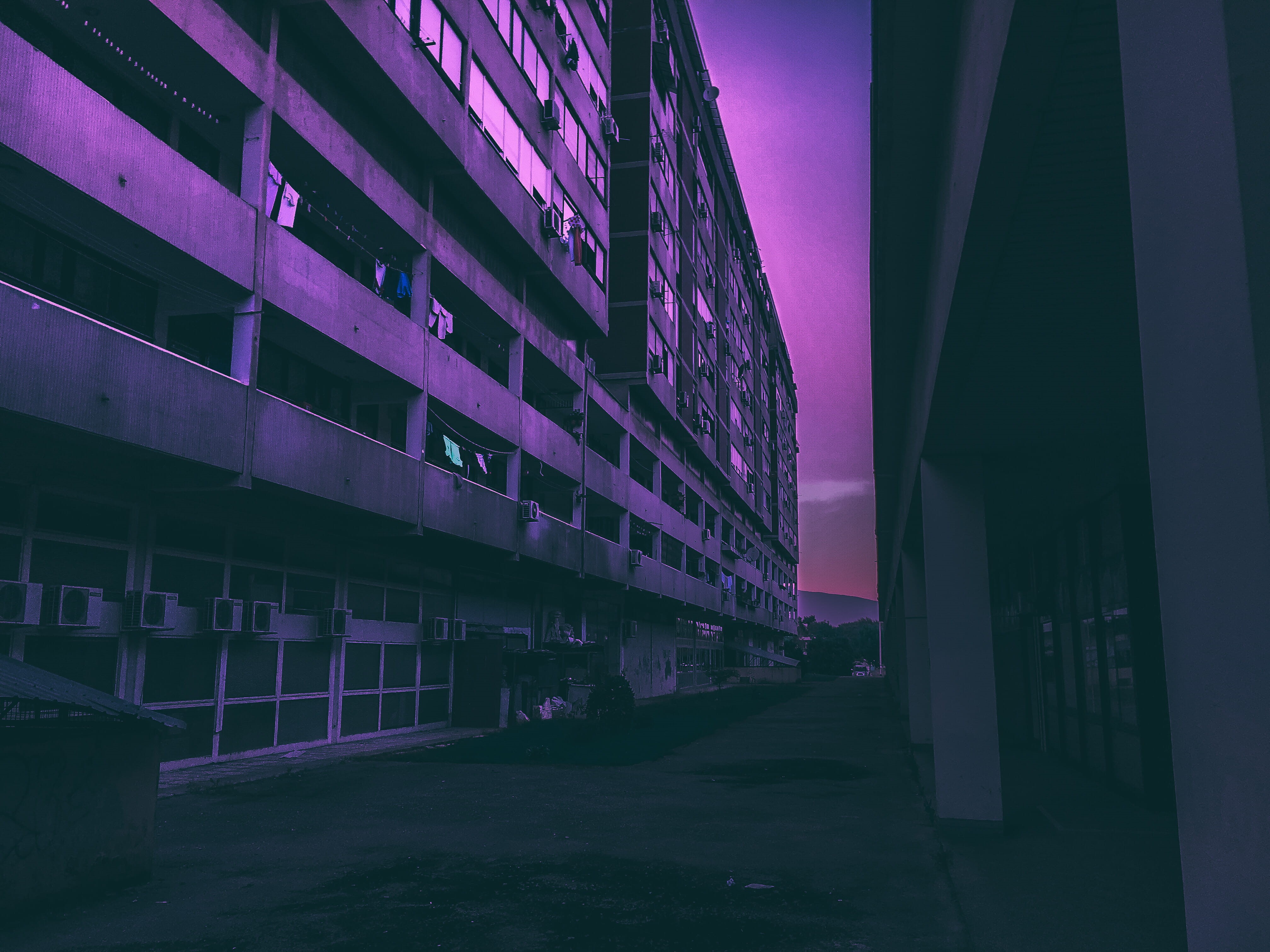 office building exterior, pink, no people, neon, sky, cyberpunk, bladerunner, retrowave, vaporwaveaesthetics, outrun, daytime, 4K, nature, photography, HD Wallpaper