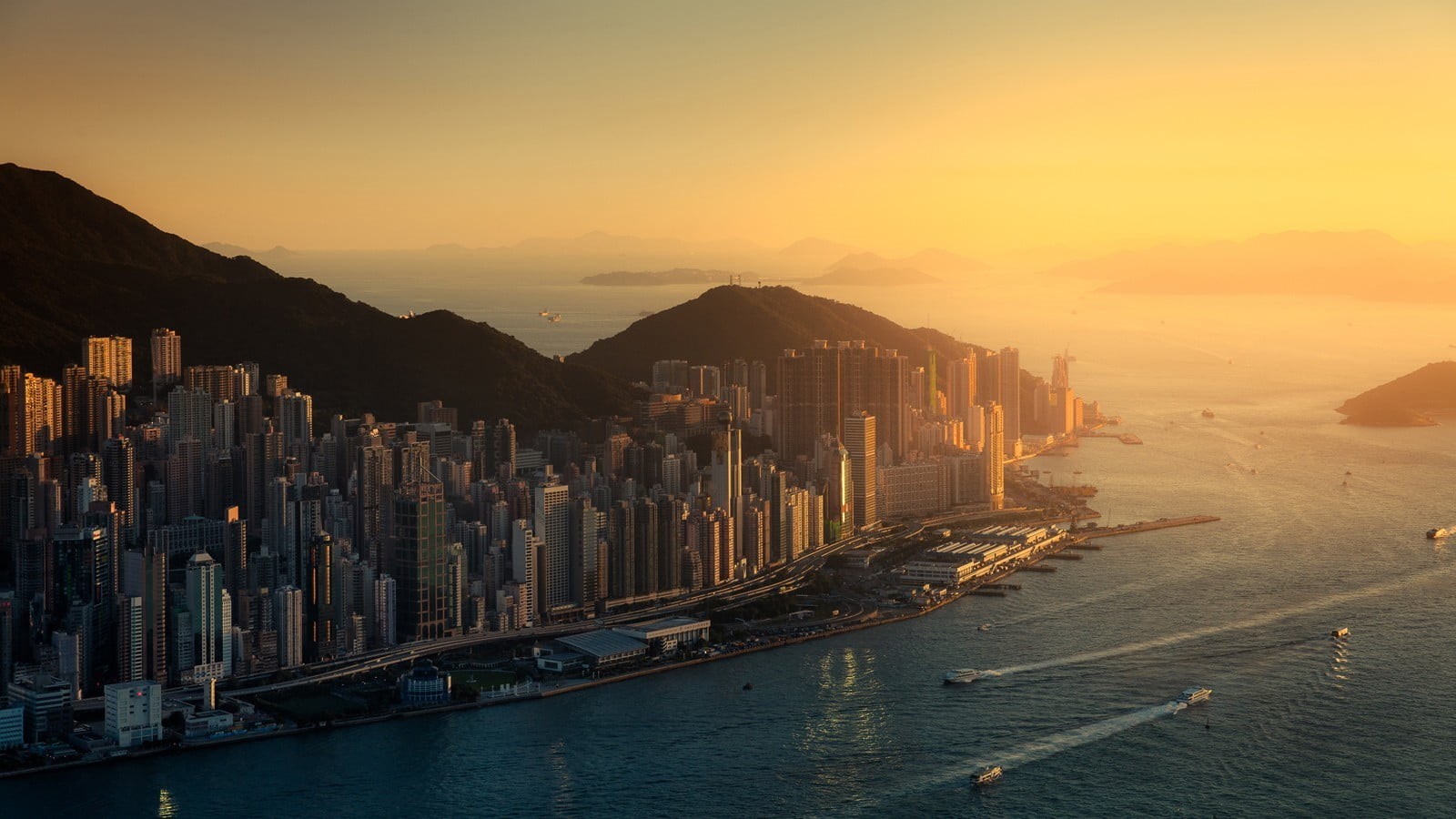 sea, 720P, architecture, famous Place, office building exterior, harbor, modern, mountain range, financial district, built Structure, nature, asia, skyscraper, HD Wallpaper