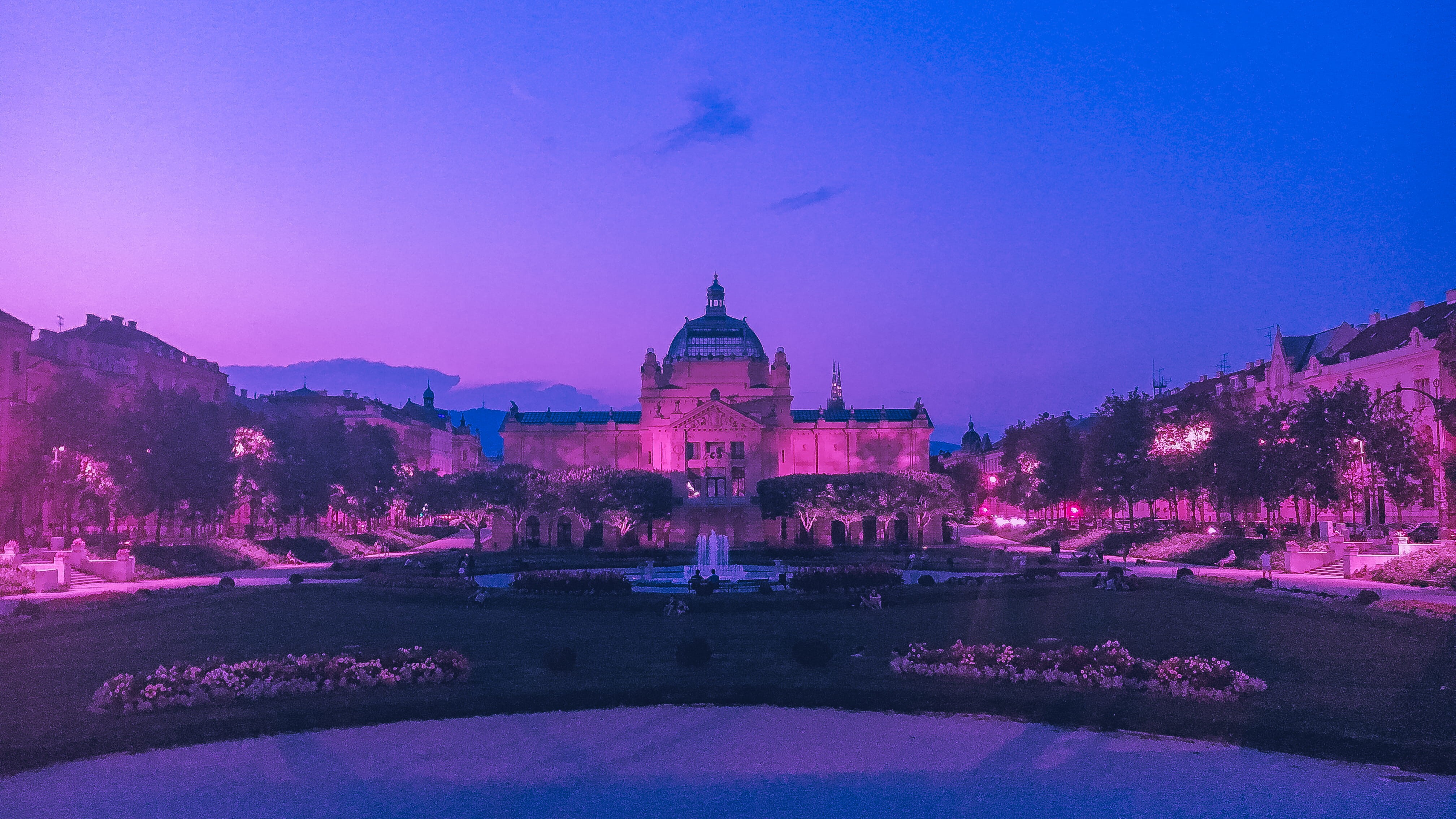 plant, flowers, building, people, built structure, scifi, history, bladerunner, religion, illuminated, trg kralja tomislava, zagreb, outrunvisuals, night, HD Wallpaper