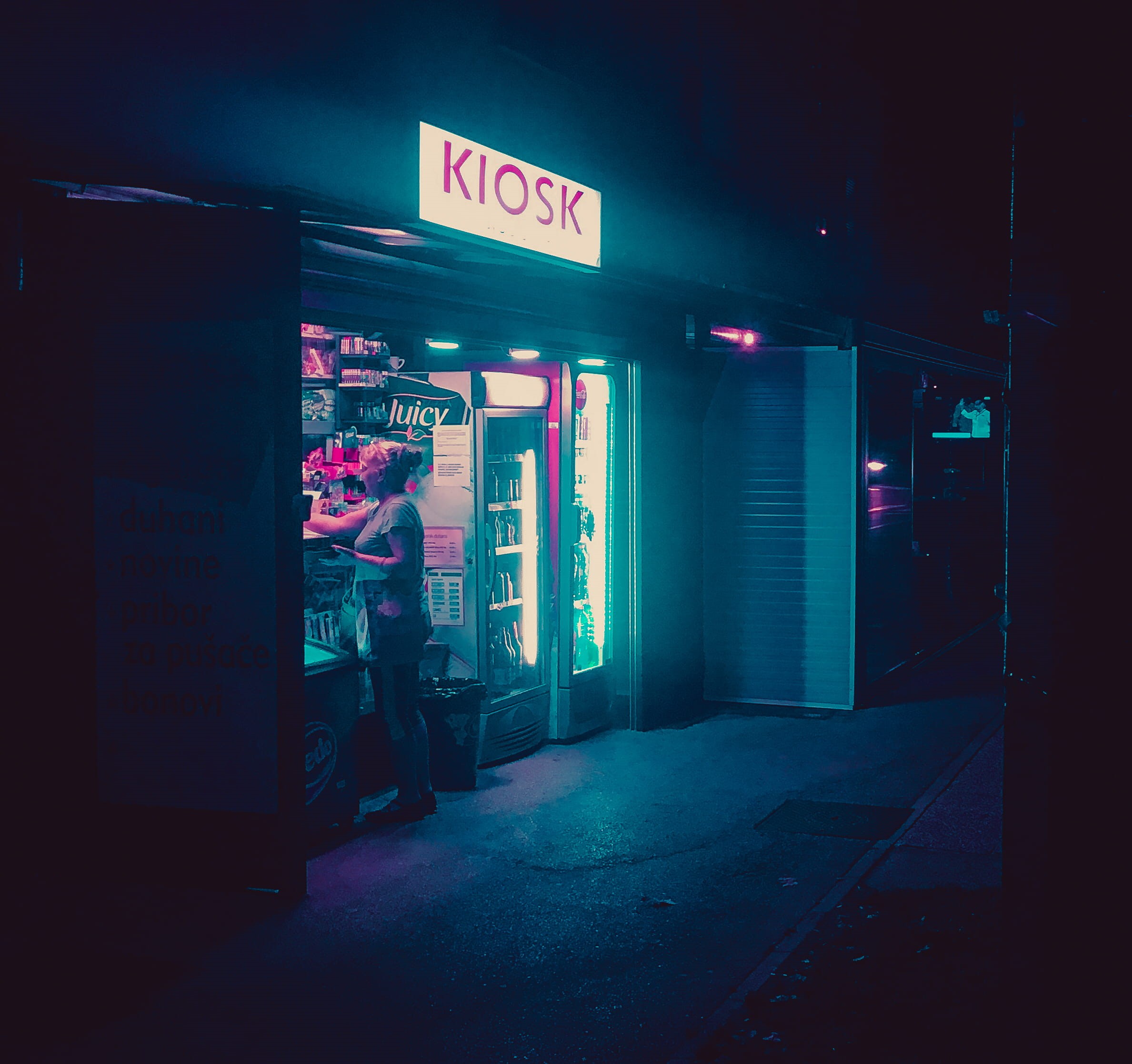 communication, street, market, text, cybervibes, 1080P, retail, store, vaporwave, illuminated, built structure, night, commercial sign, croatia, outrun, HD Wallpaper