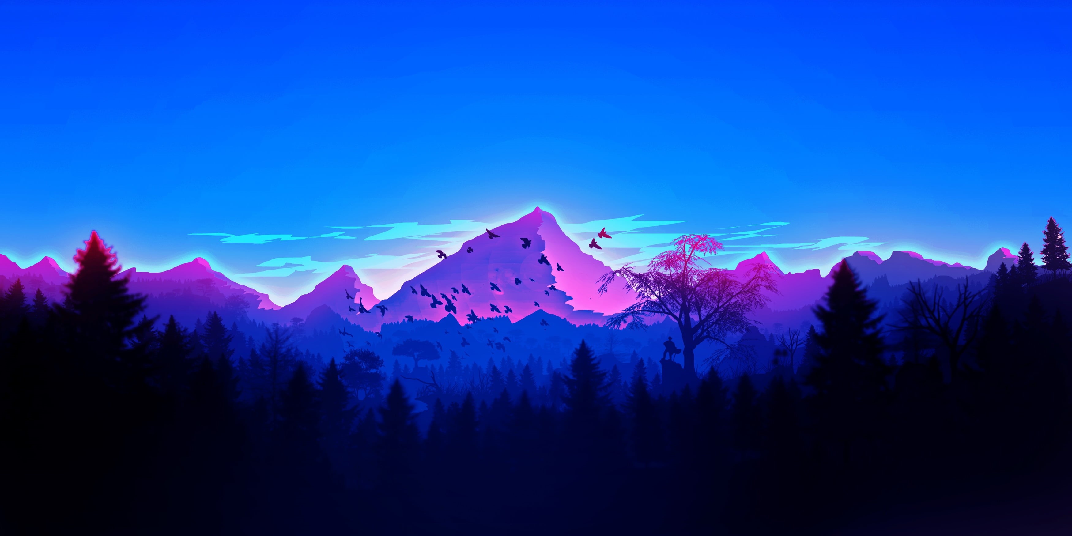 minimalism, forest, mountains, 2K, artwork, landscape, vaporwave, HD Wallpaper