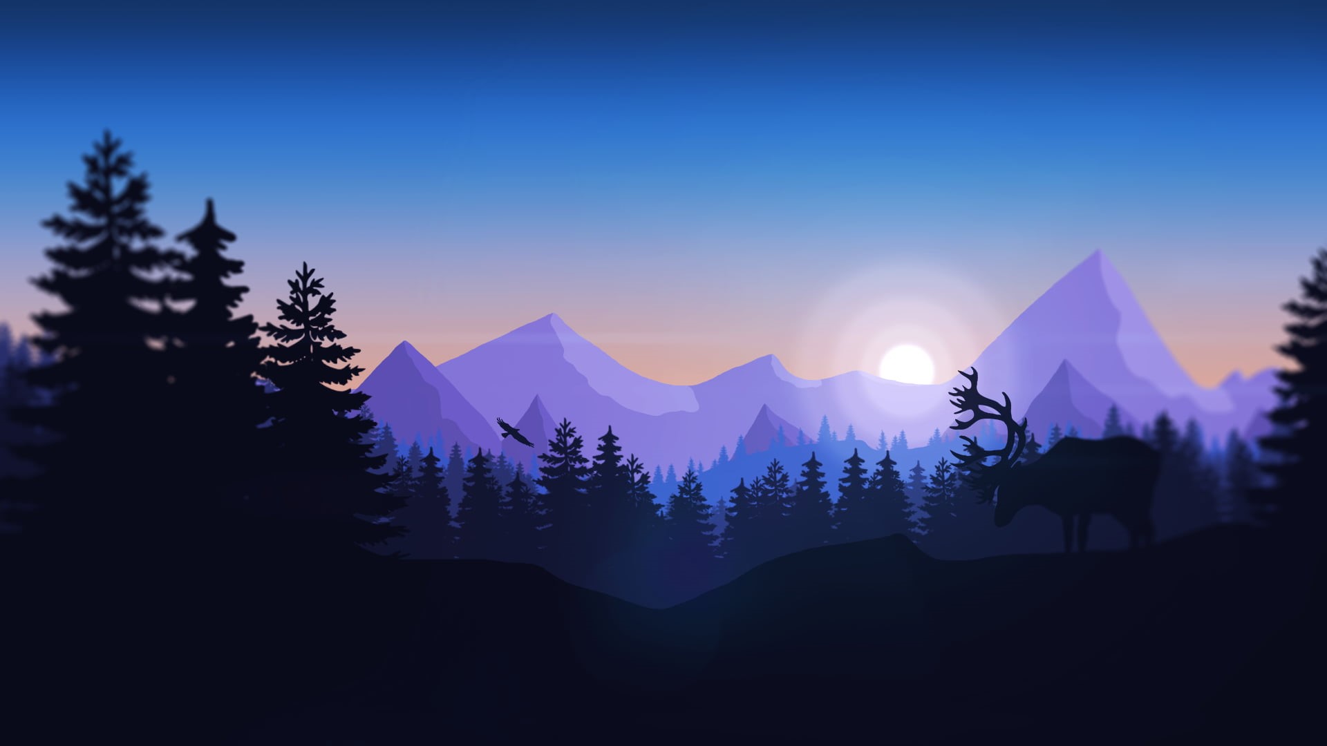 backgrounds, environment, mountain, plant, Firewatch, pine, near, computer Graphic, blue, scenics - nature, adventure, animal, tree, hill, silhouette, night, HD Wallpaper