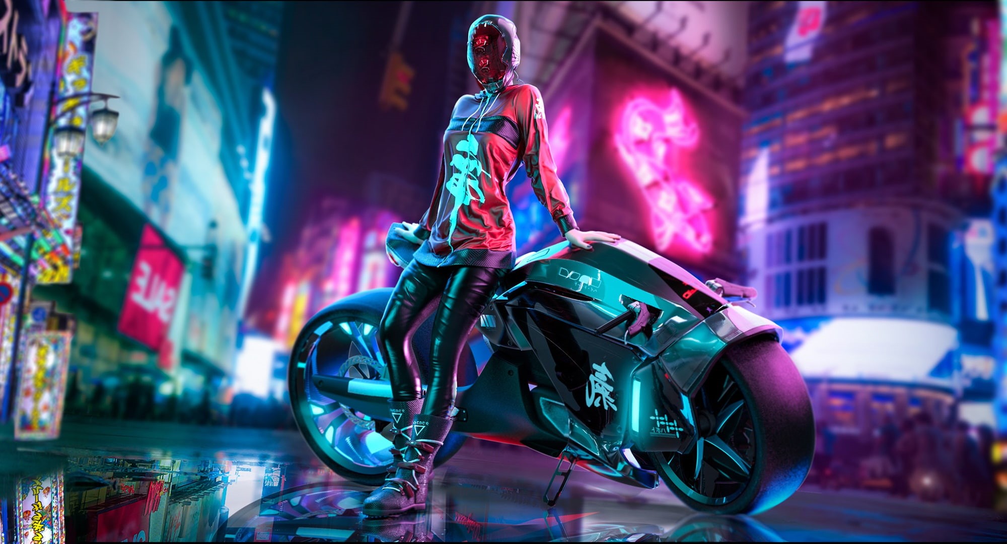 Cyberpunk, Neon, 1080P, The city, Art, Motorcycle, Girl, HD Wallpaper