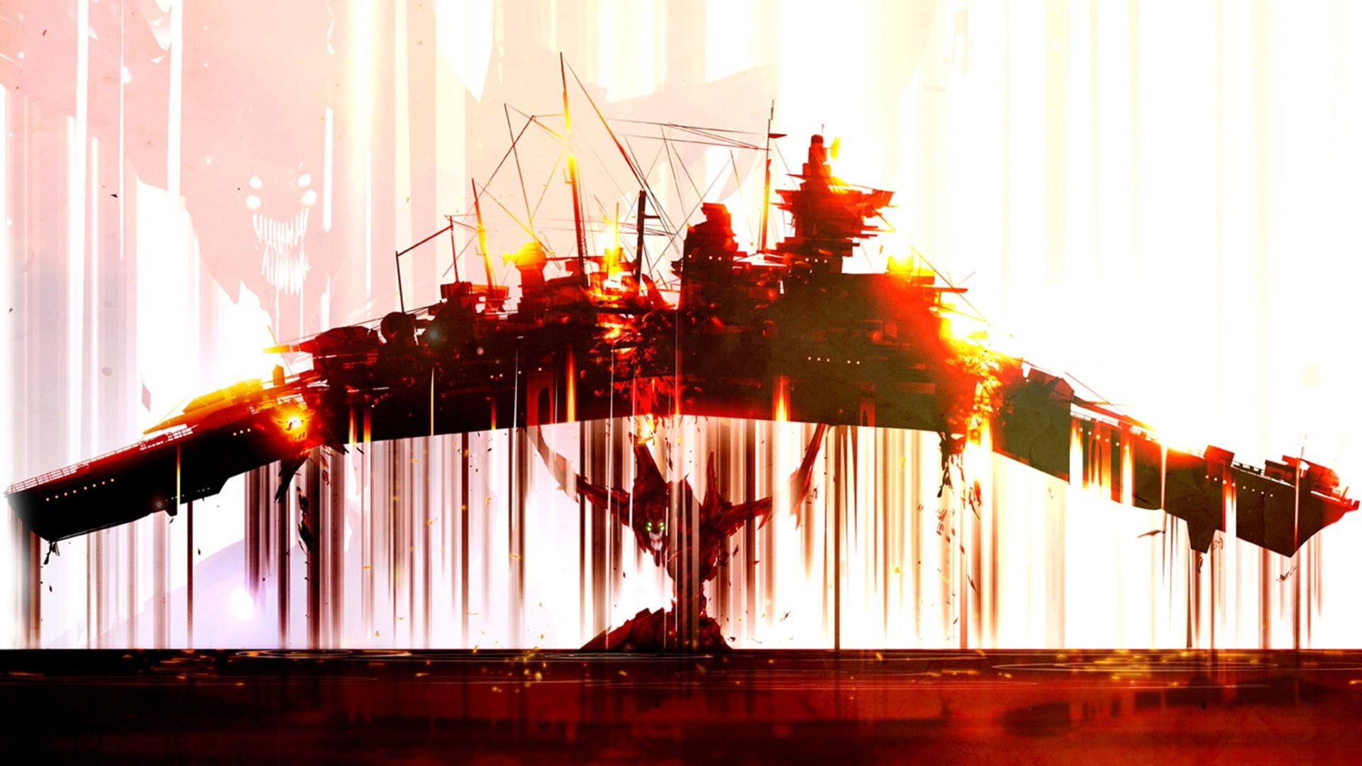 1080P, day, clear sky, built structure, low angle view, EVA Unit 02, table, Neon Genesis Evangelion, illuminated, black, red, curtain, motion, industry, HD Wallpaper