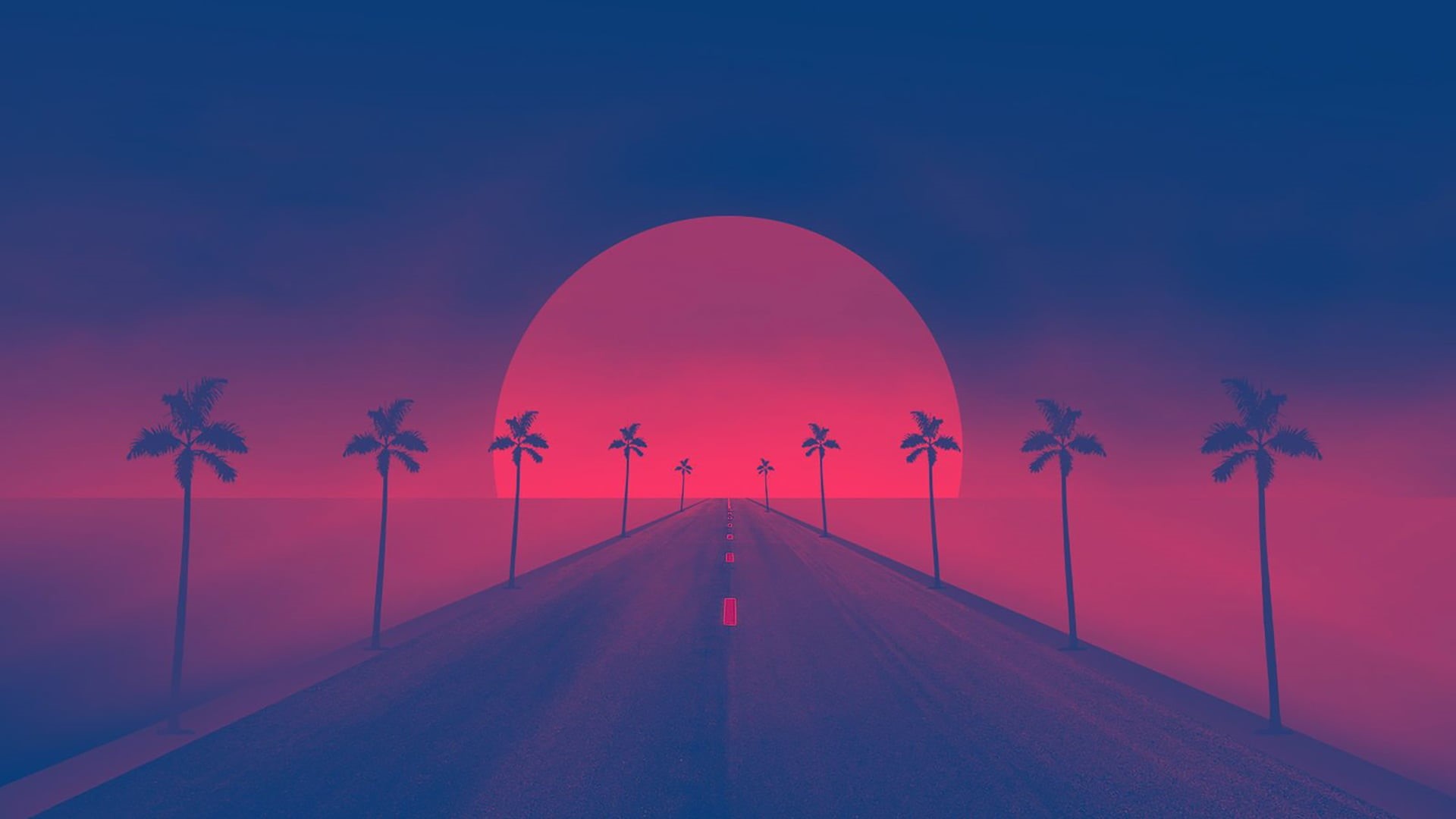 1080P, Retrowave, synthwave, road, Sun, artwork, HD Wallpaper