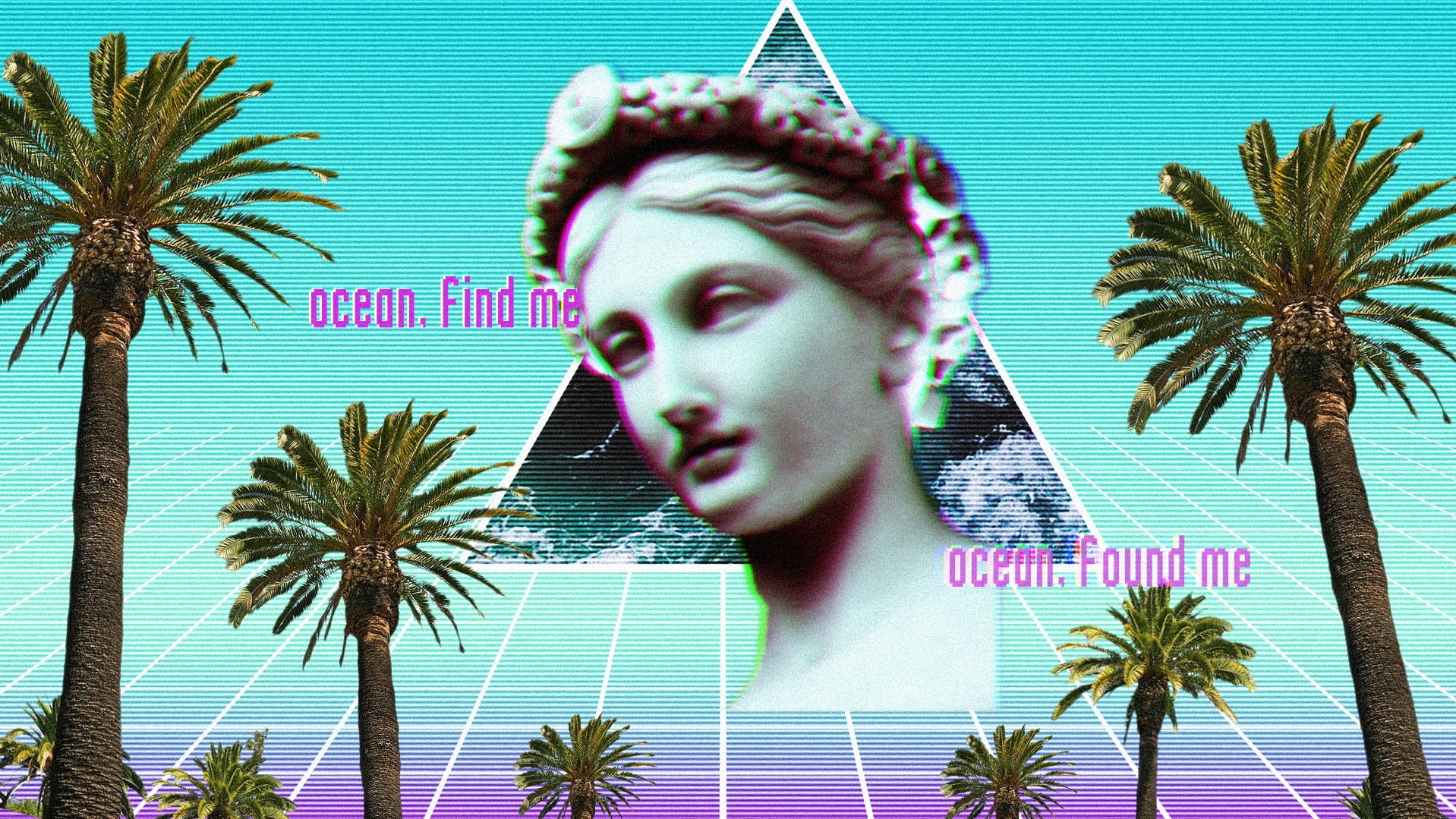 looking, 720P, digital composite, portrait, young adult, tree, palm tree, one person, headshot, bust, vaporwave, sculpture, beautiful woman, real people, HD Wallpaper