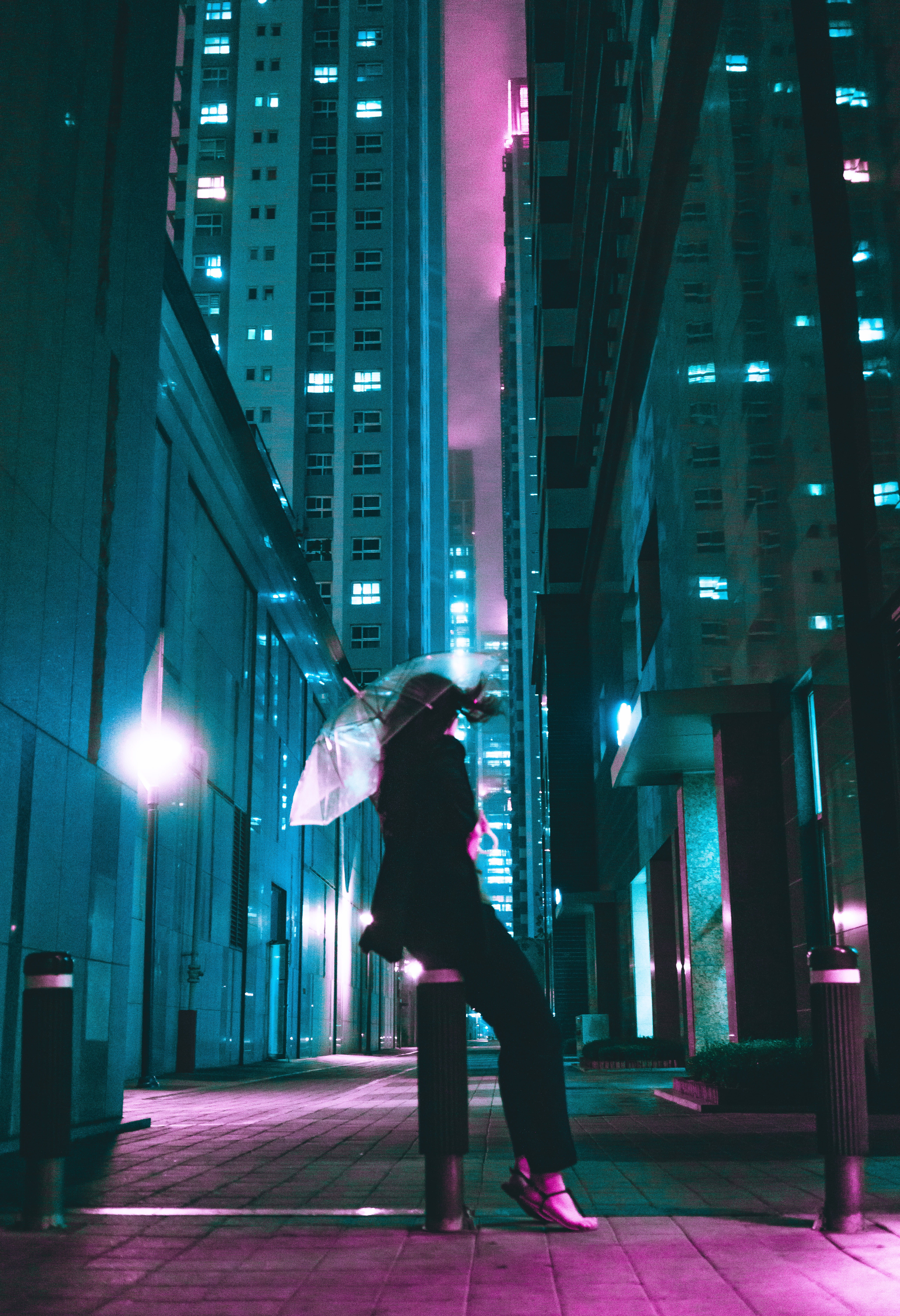 casual clothing, one person, cyberpunk, real people, protection, suit, photography, skyscraper, aesthetic, leisure activity, woman, vaporwave, office building exterior, Phone HD Wallpaper