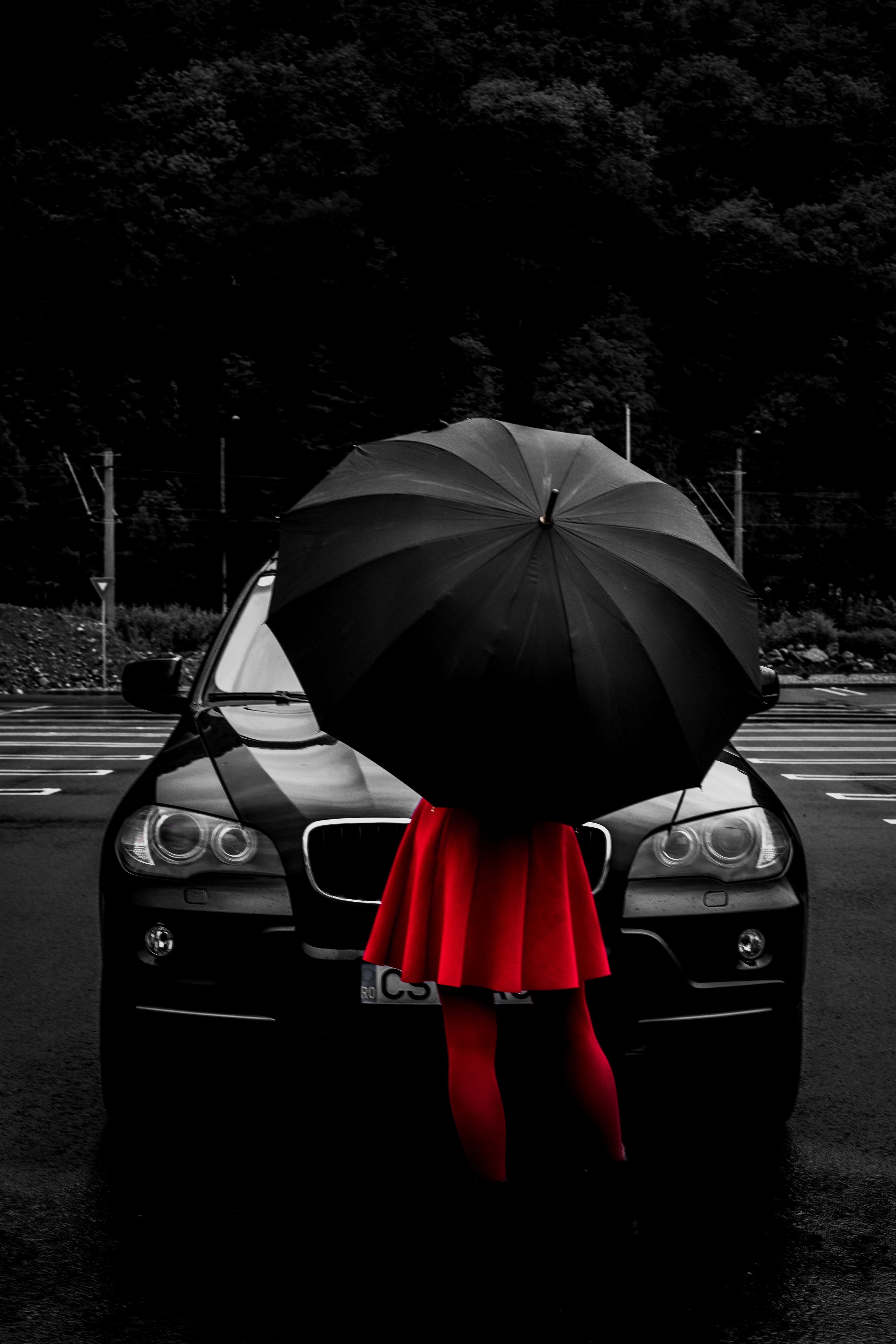 protection, black And White, woman, dress, one Person, black Color, young Adult, rain, flare, day, car, women, red dress, girl, wearing, bandw, Phone HD Wallpaper
