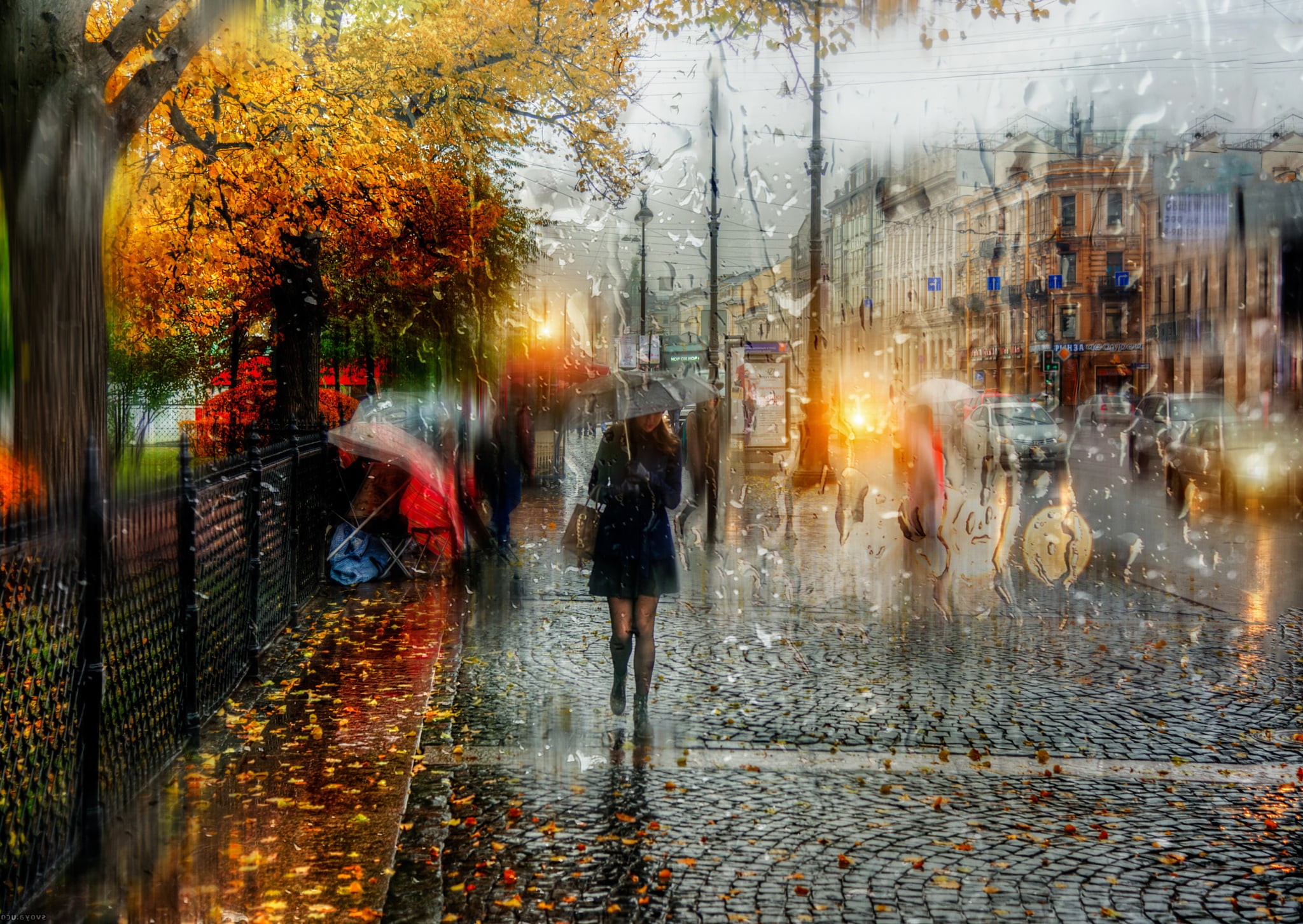 europe, weather, wet, rain, shopping, motion, architecture, plant, defocused, crowd, women, tourist, drops, 1080P, city, Saint Petersburg, reflection, HD Wallpaper
