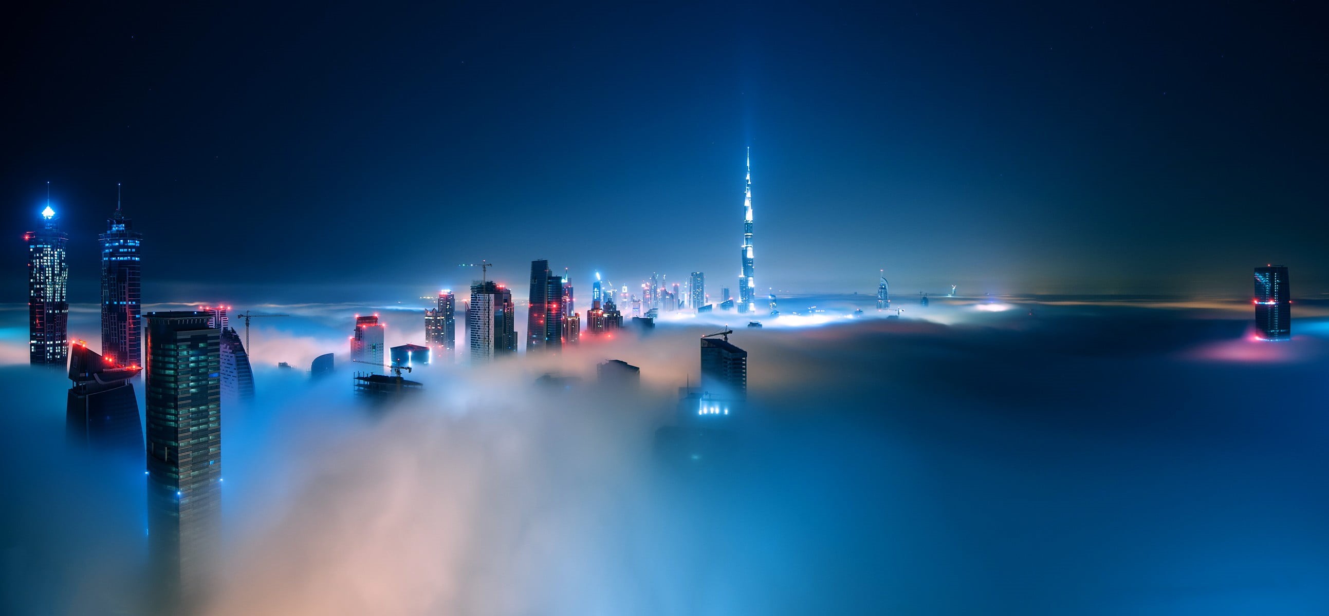 mist, water, 2K, rise, building exterior, high, city, landscape, Burj Khalifa, illuminated, architecture, light, office building exterior, long exposure, HD Wallpaper