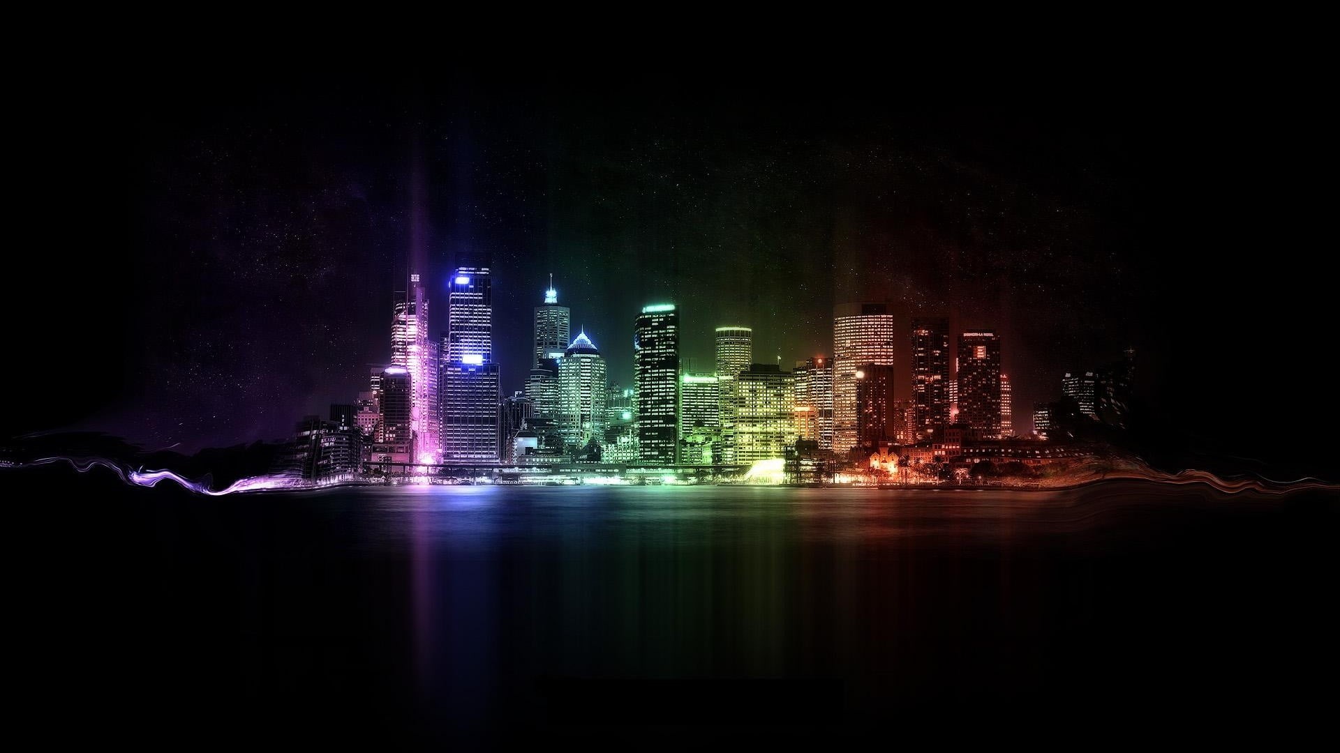 illuminated, digital composite, sky, glowing, nature, multi colored, built structure, rise, colorful, modern, cityscape, building exterior, financial district, HD Wallpaper