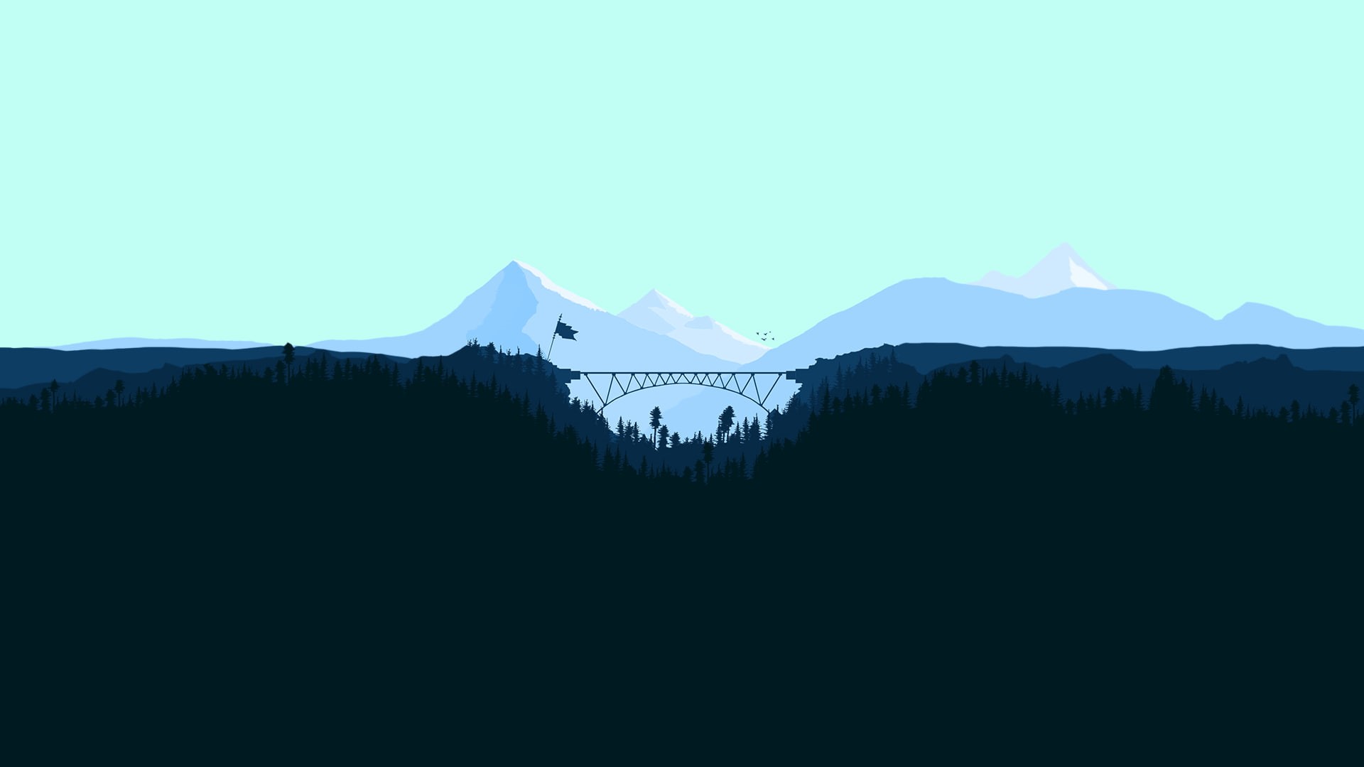 Flatdesign, bridge, horizon, mountains, clear sky, forest, snowy peak, graphic design, illustration, flag, artwork, hills, valley, 1080P, vector graphics, HD Wallpaper
