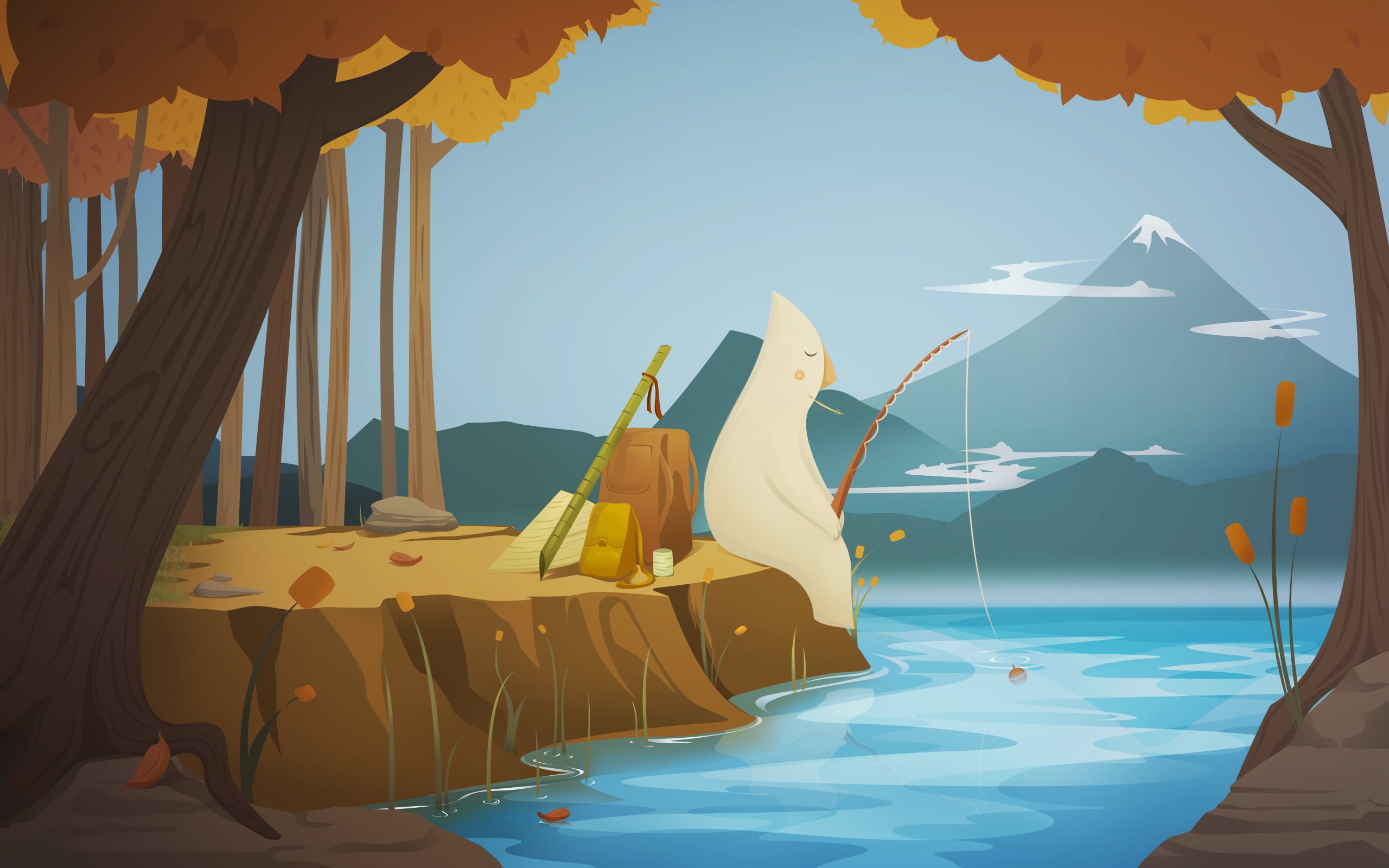 no people, sea, sand, tree, art and craft, 2K, river, table, mountain, island, cartoon, forest, vacations, nature, yellow, water, sunlight, person, artwork, HD Wallpaper