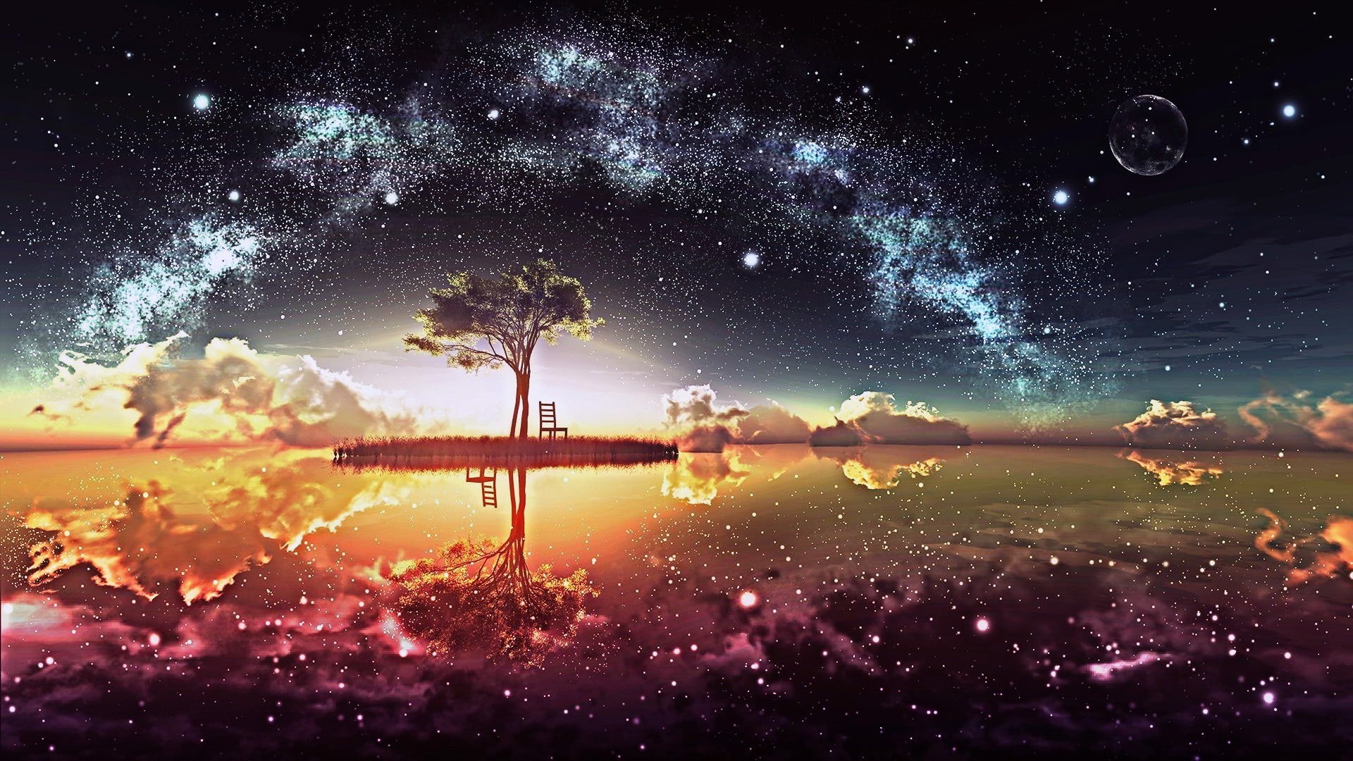 sky, nebula, astronomy, fantasy art, vector, reflection, night, tree, no people, space and astronomy, painting, outdoors, trees, illuminated, chair, clouds, HD Wallpaper