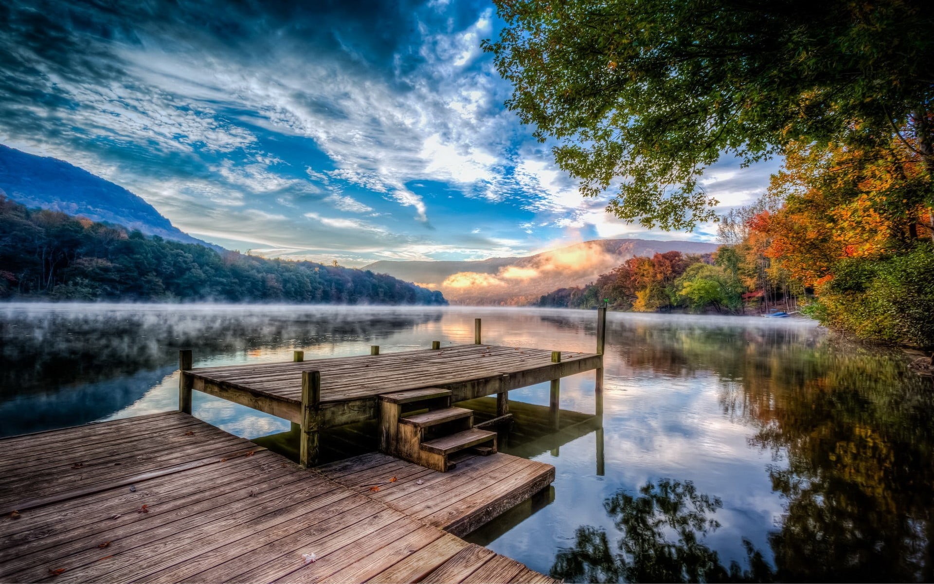 reflection, tree, mountains, mist, water, pier, fall, sky, scenics - nature, 1080P, forest, lake, idyllic, dock, sunset, trees, mountain, plant, wooden, HD Wallpaper